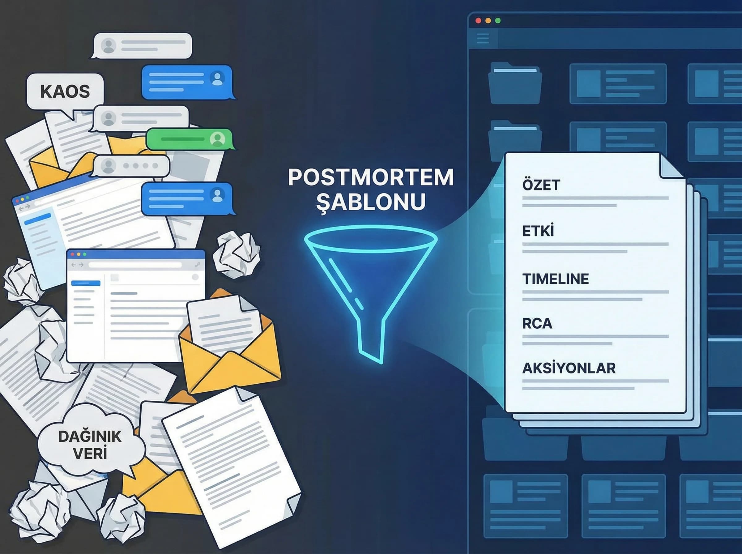 Postmortem şablon bölümü, amaç standardizasyon, otel ve B2B ekip bağlamı
