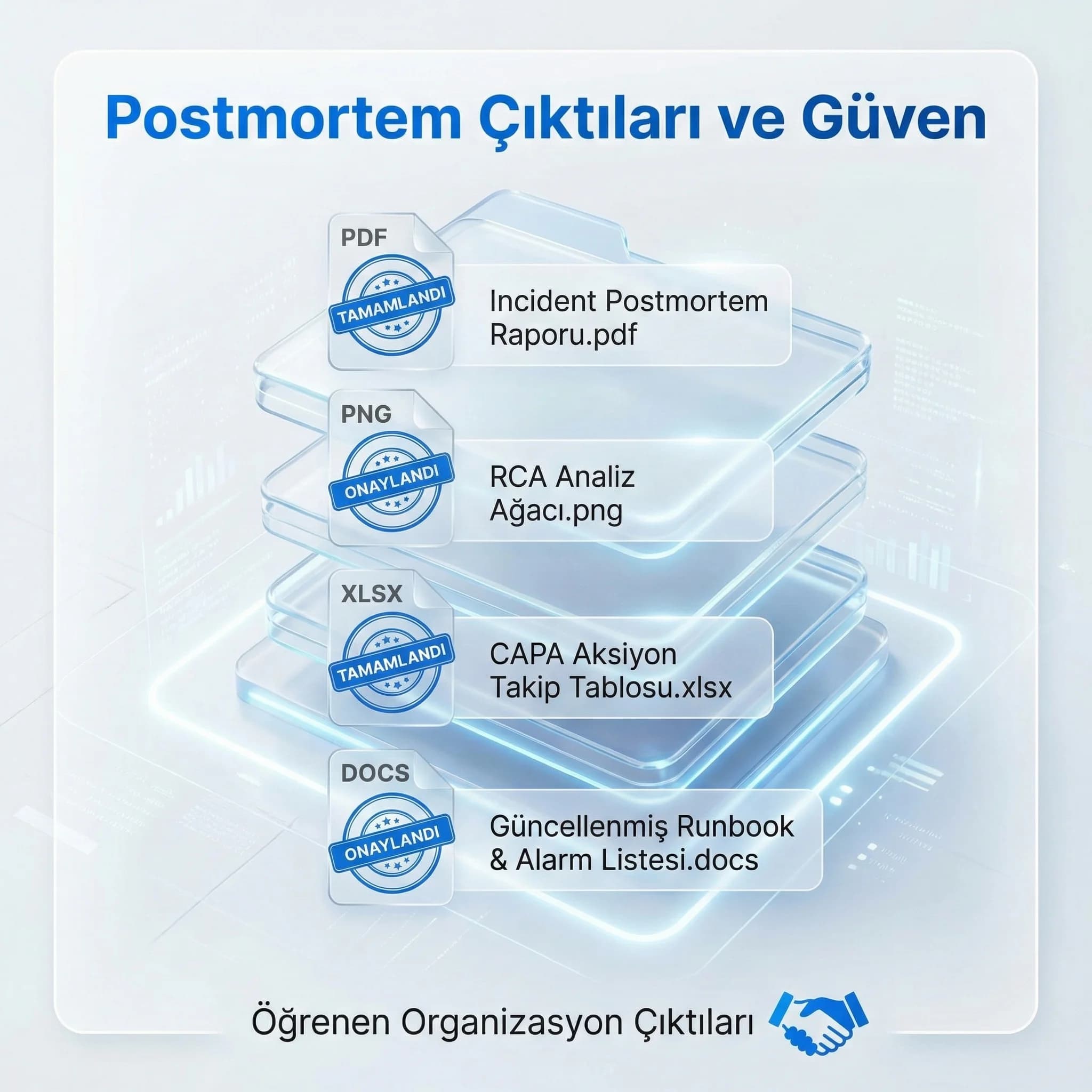 Postmortem çıktıları kartı, amaç güven ve öğrenme, ajans ve işletme bağlamı