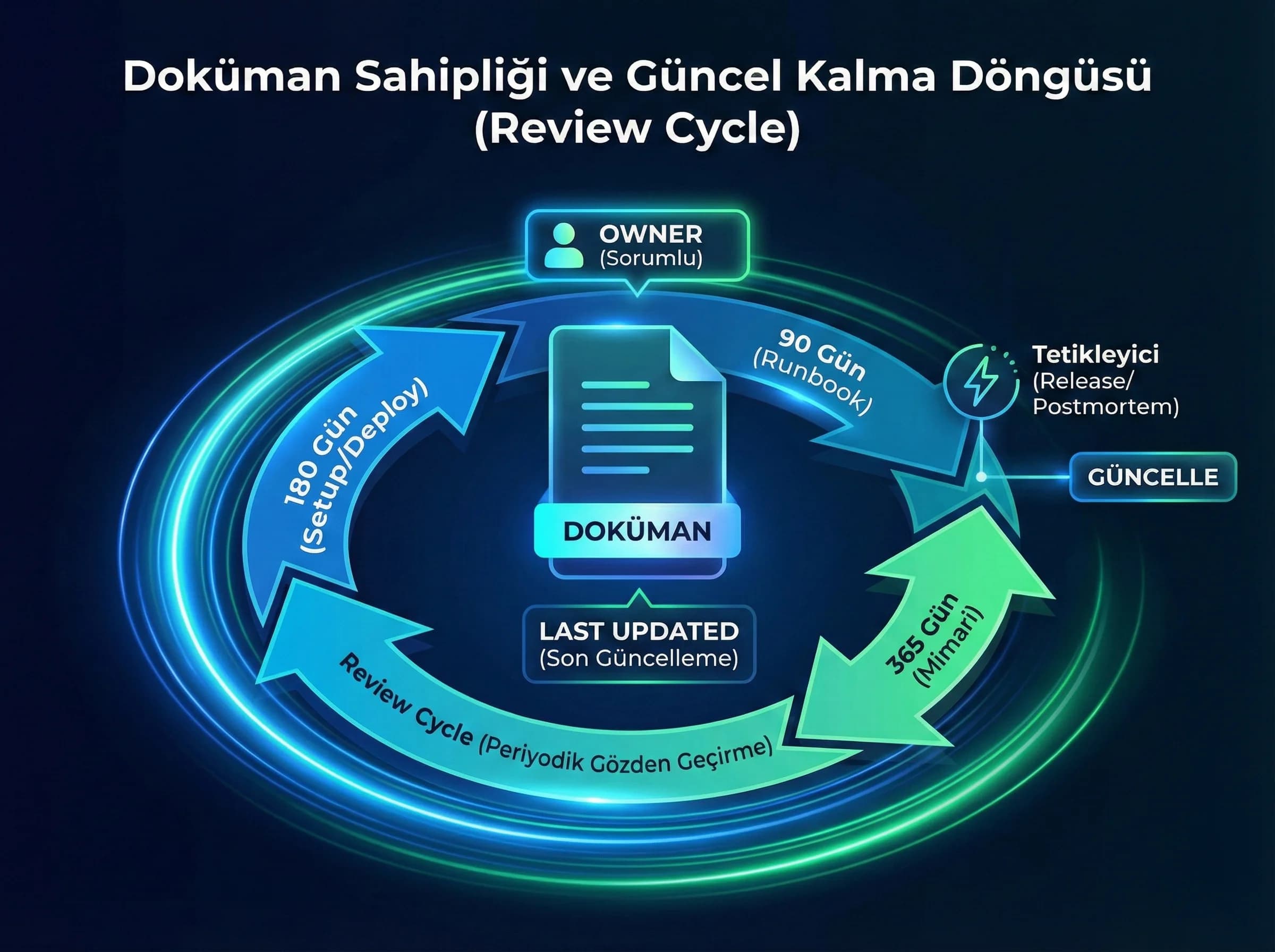 Doküman sahipliği ve review süreci, amaç güncel kalma, ekip bağlamı