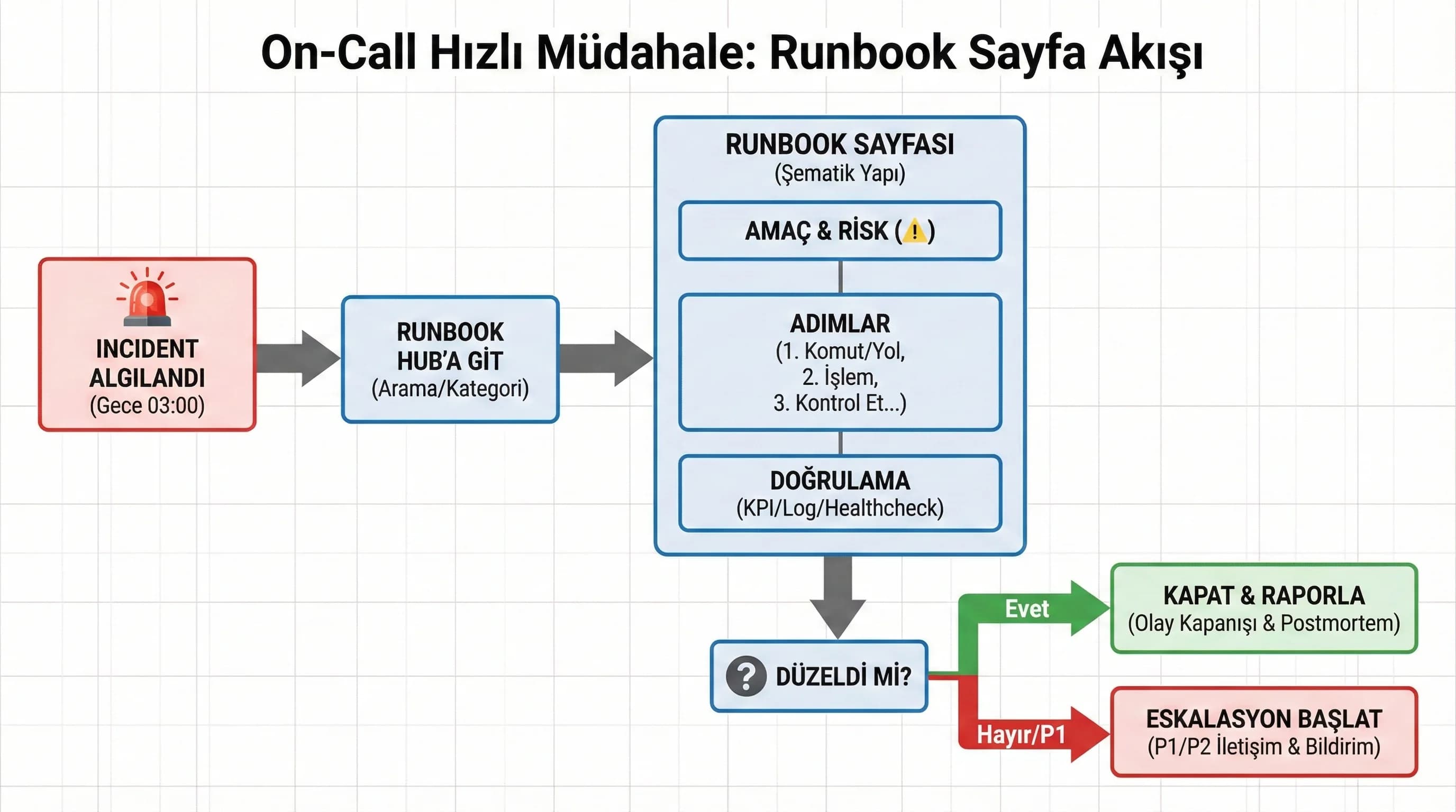 Runbook sayfa akışı, amaç hızlı müdahale, incident bağlamı