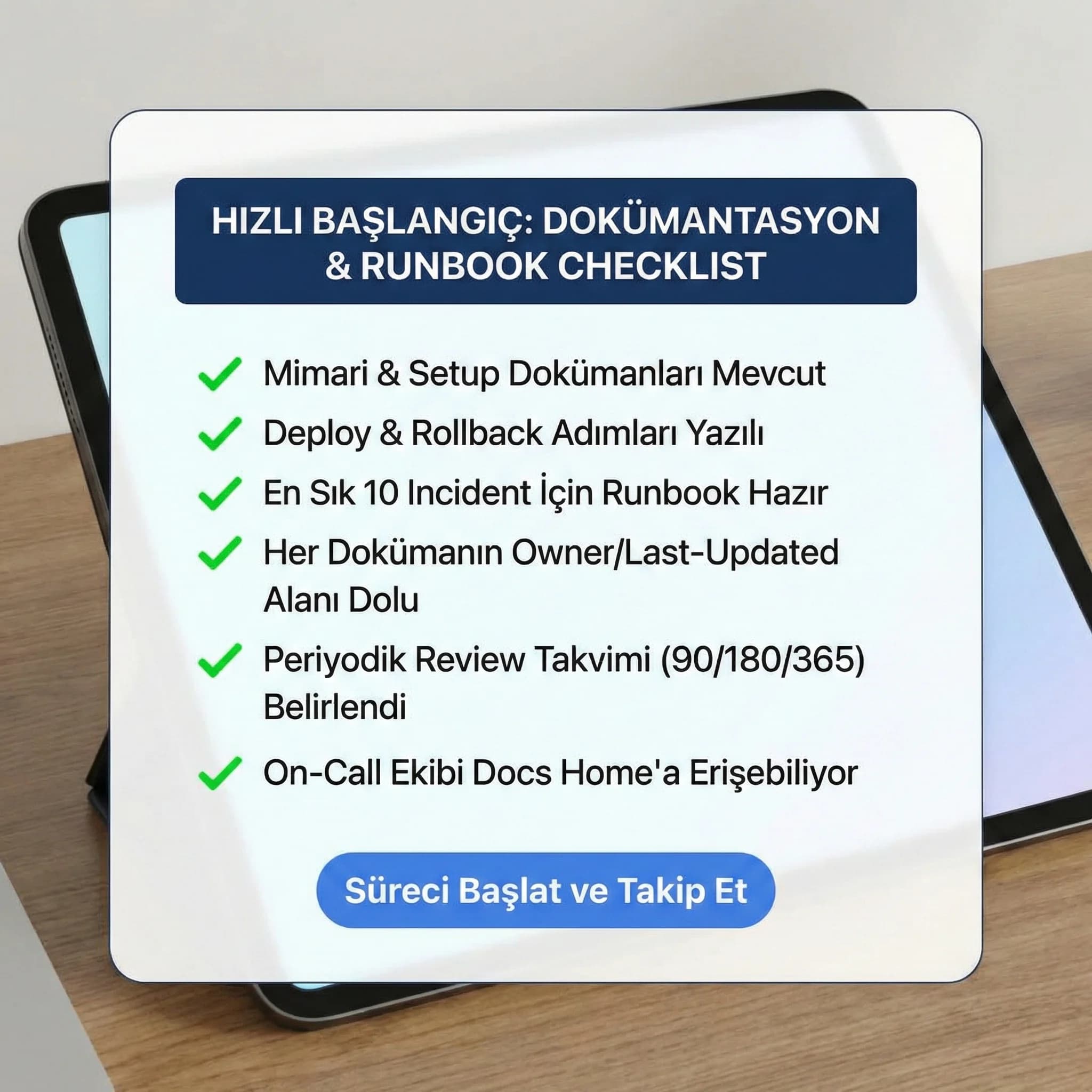 Dokümantasyon checklist kartı, amaç hızlı başlangıç, otel ve B2B ekip bağlamı