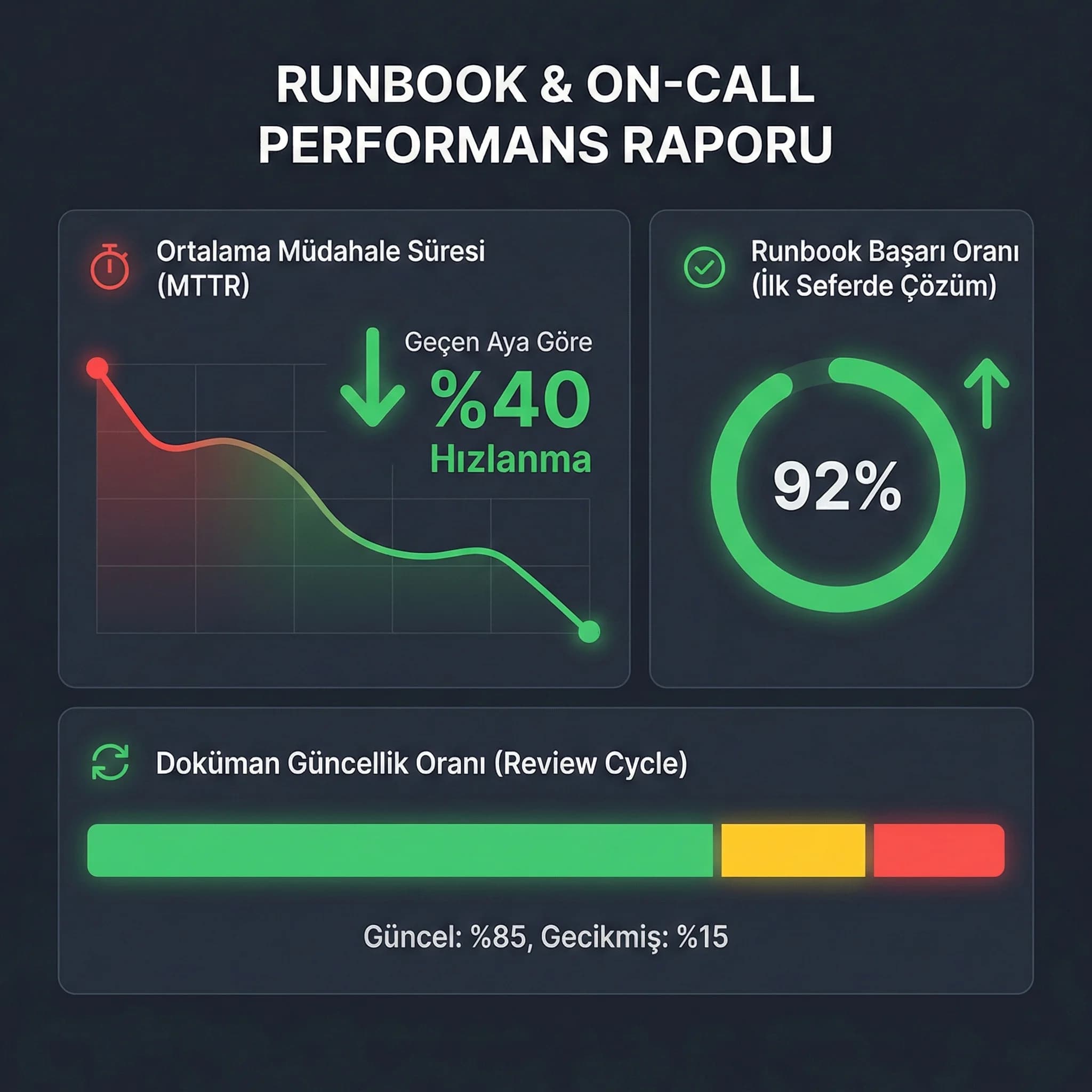 Runbook KPI paneli, amaç müdahale süresi takibi, operasyon bağlamı