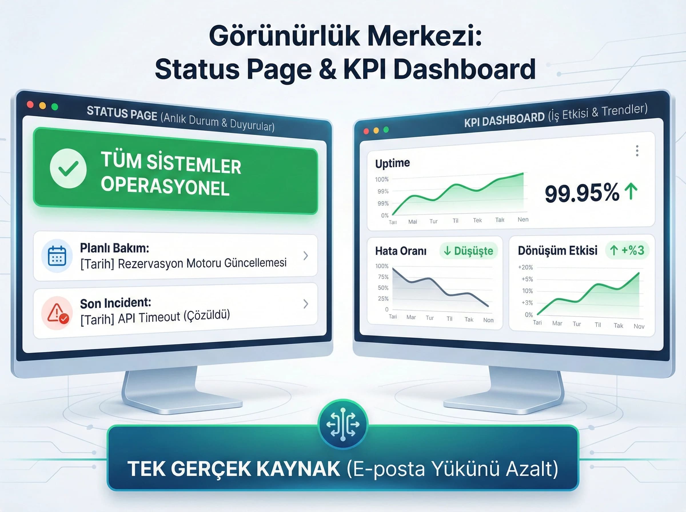 Status page ve dashboard bölümü, amaç görünürlük, operasyon bağlamı