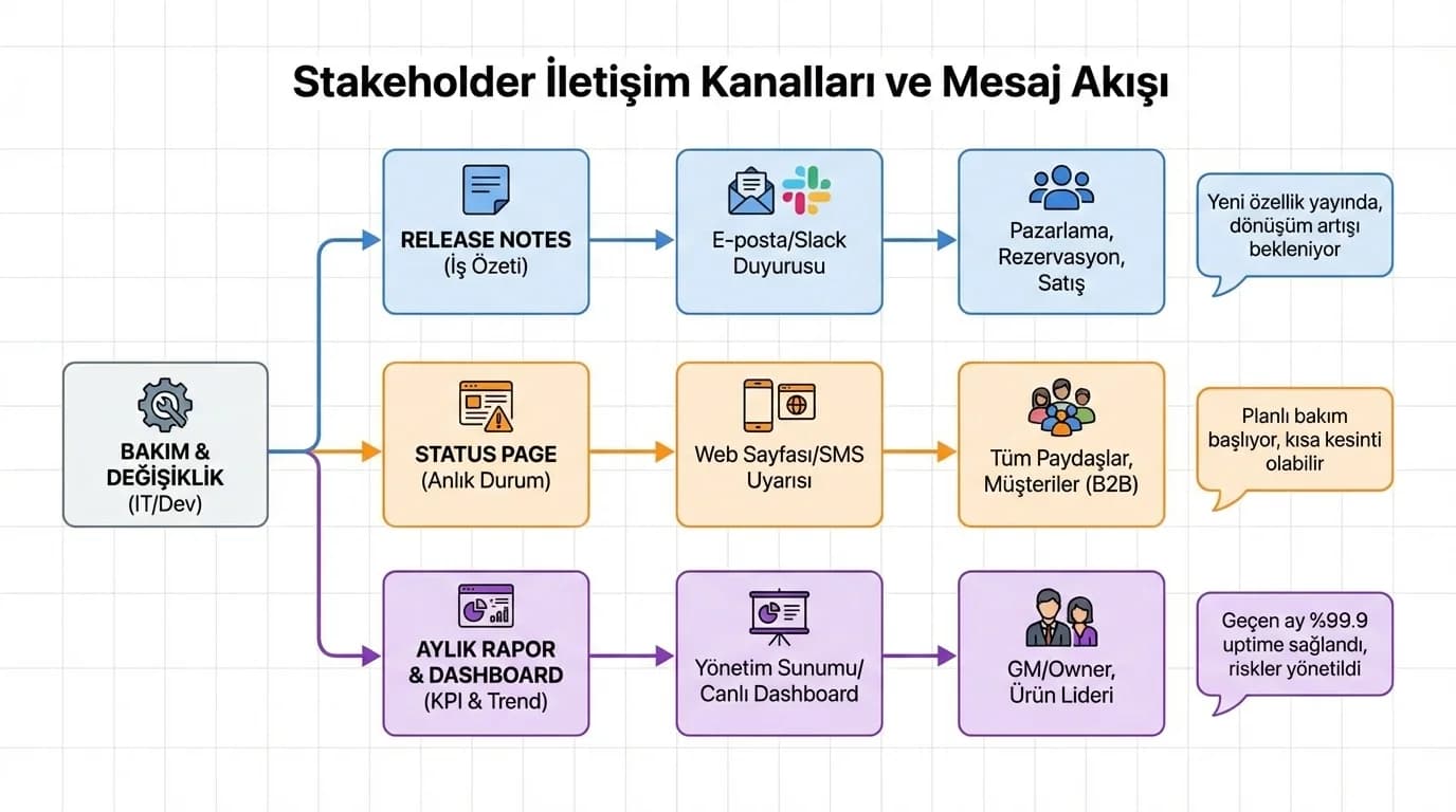 Stakeholder iletişim kanalları diyagramı, amaç doğru kanala mesaj, otel ve B2B bağlamı