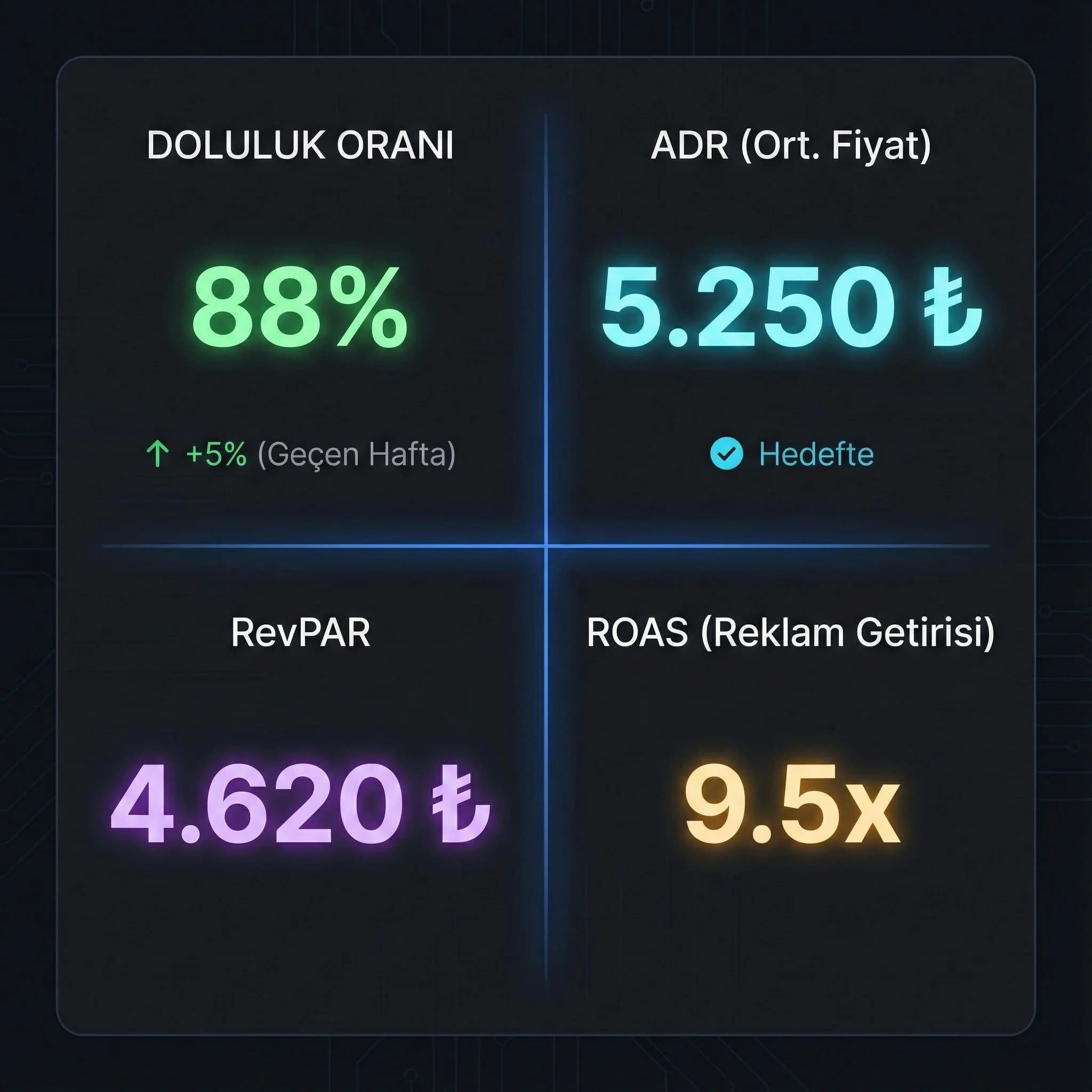 Otel KPI skor kartı ile doluluk ADR RevPAR özet panel görseli