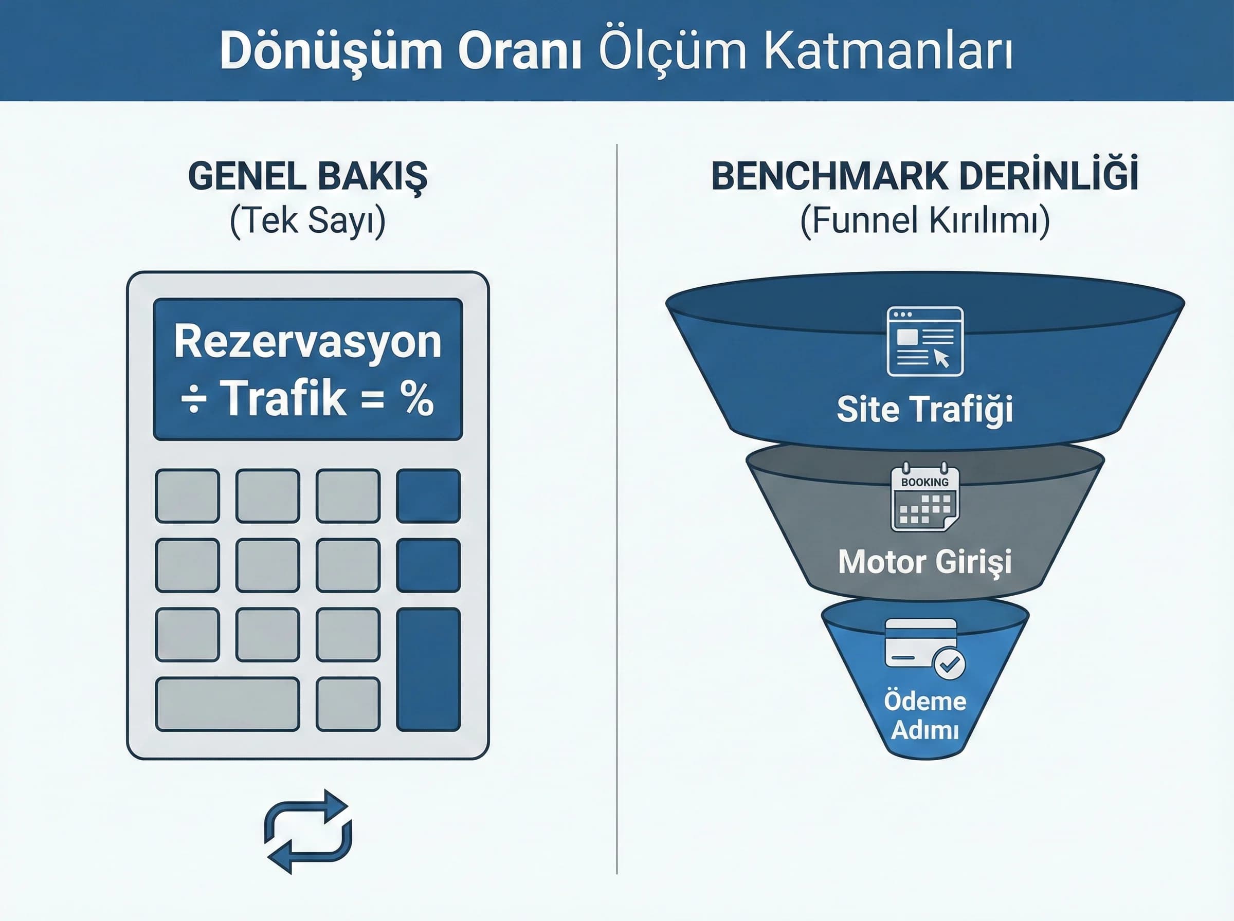 Dönüşüm oranı ölçüm katmanlarını ve benchmark mantığını ayıran görsel