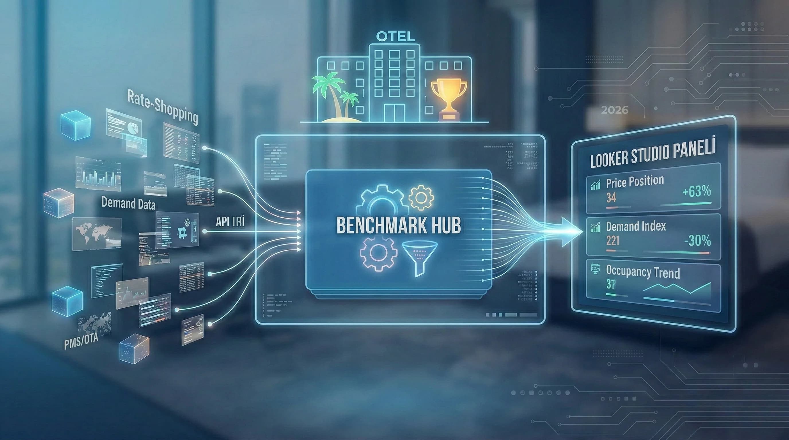 Otel ve rakip set KPI’larını tek ekranda özetleyen benchmark görseli