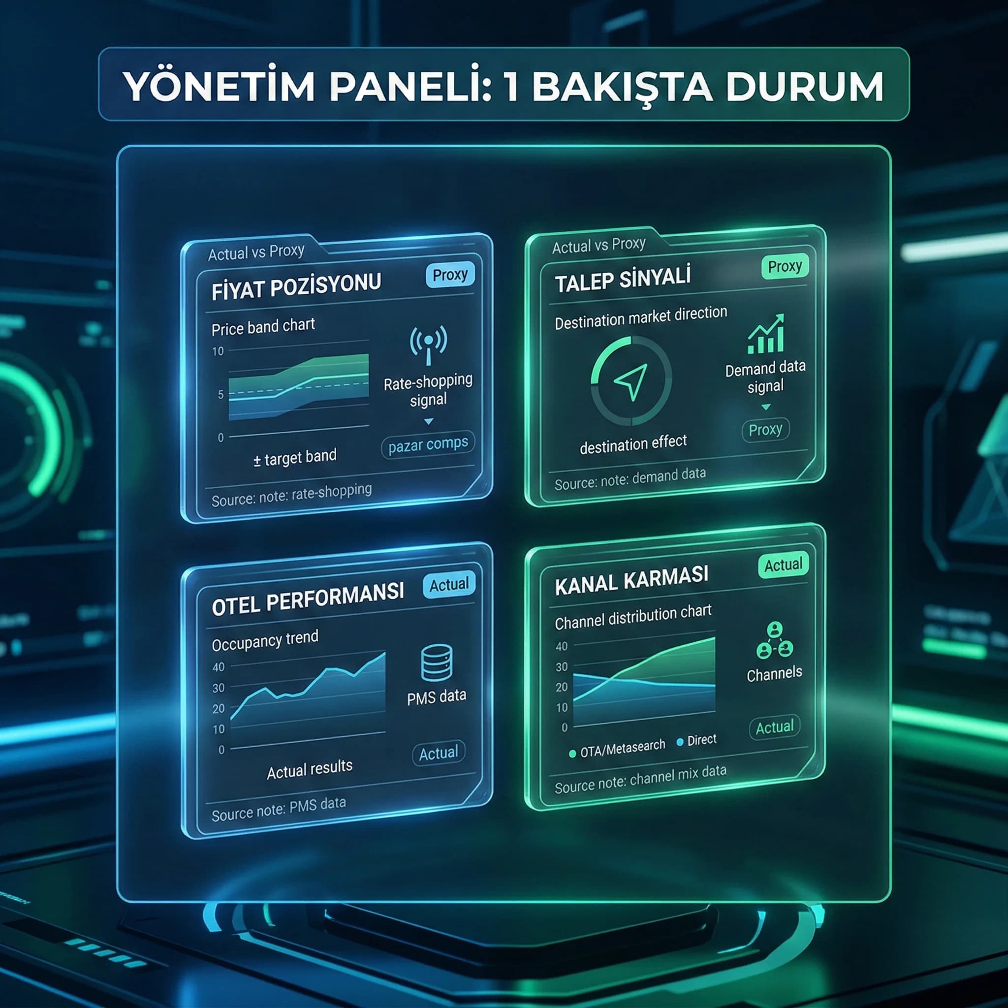 Data sources AI engine alerts dashboard akışını gösteren otel benchmark diyagramı