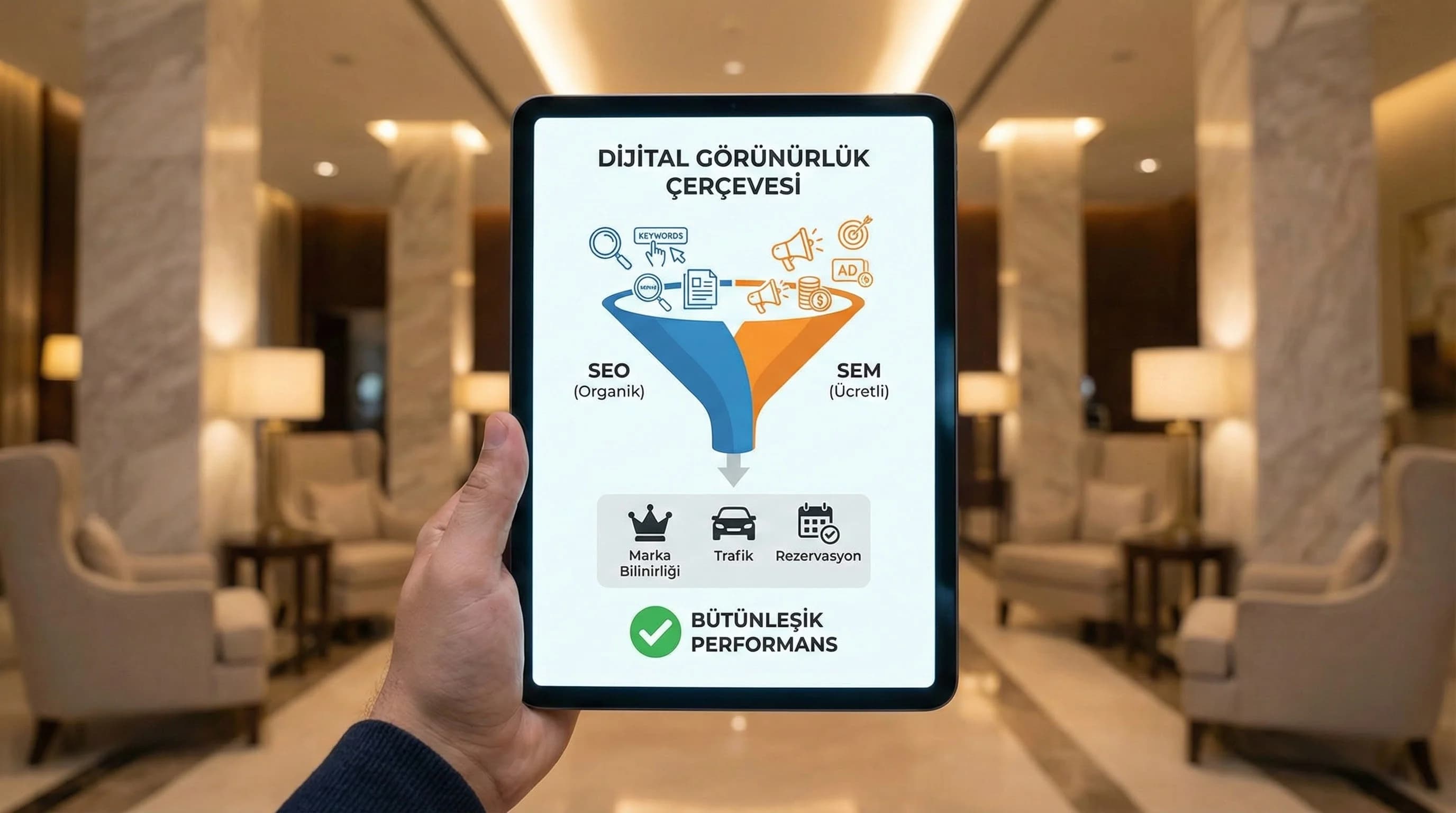 Organik ve ücretli görünürlüğü birlikte anlatan başlangıç otel görseli