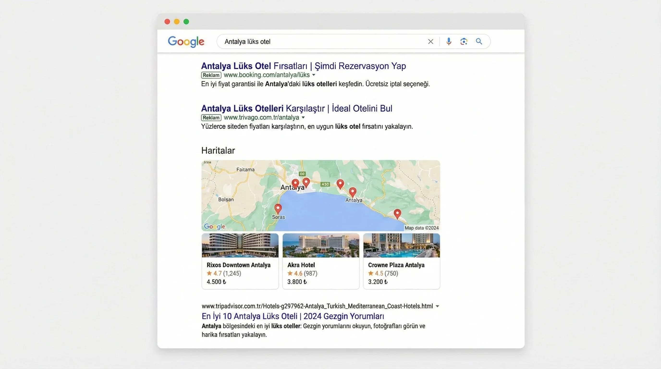Ads maps organic SERP görünümünü gösteren dijital benchmark şemas