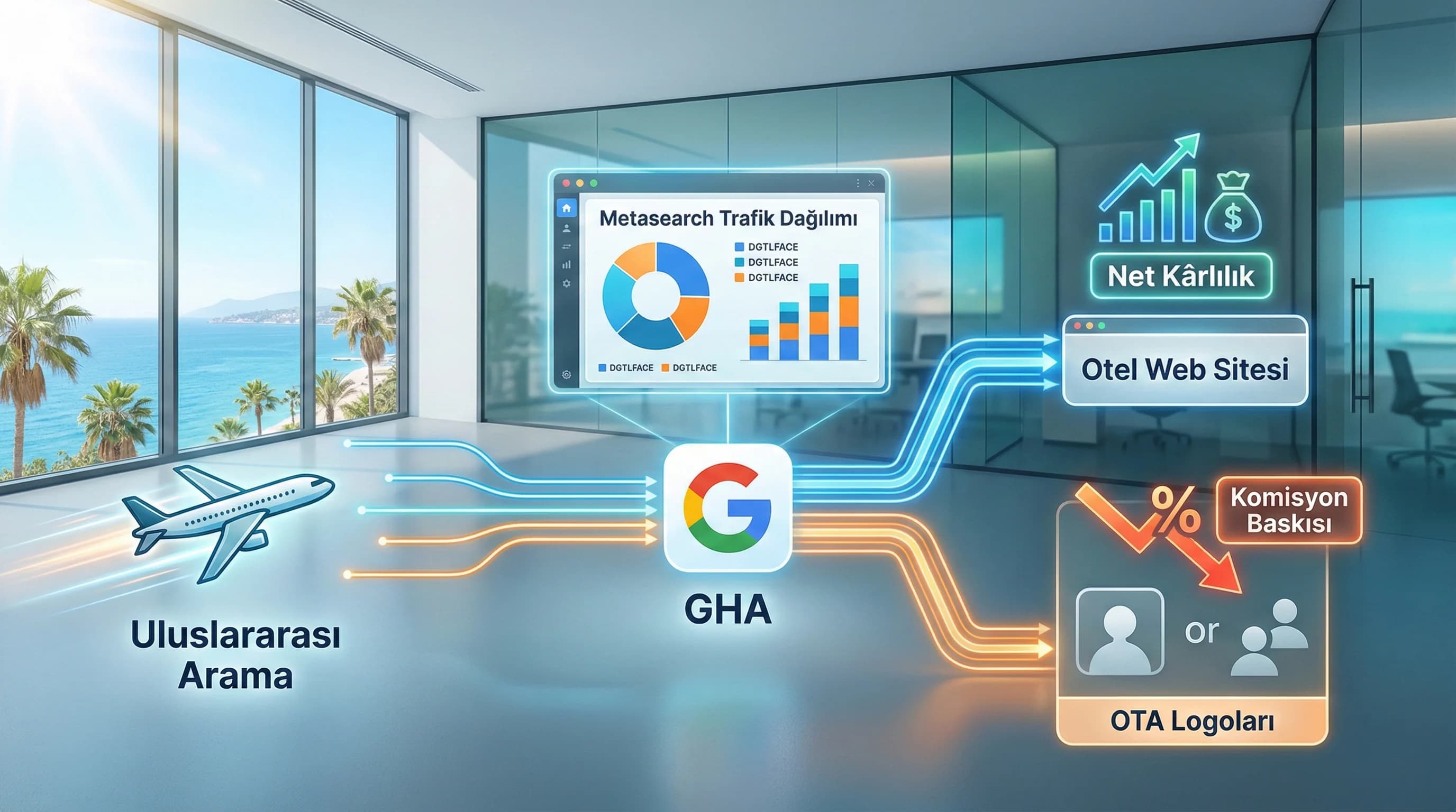 Metasearch trafiğinin OTA ve direct kanallara akışını gösteren görsel