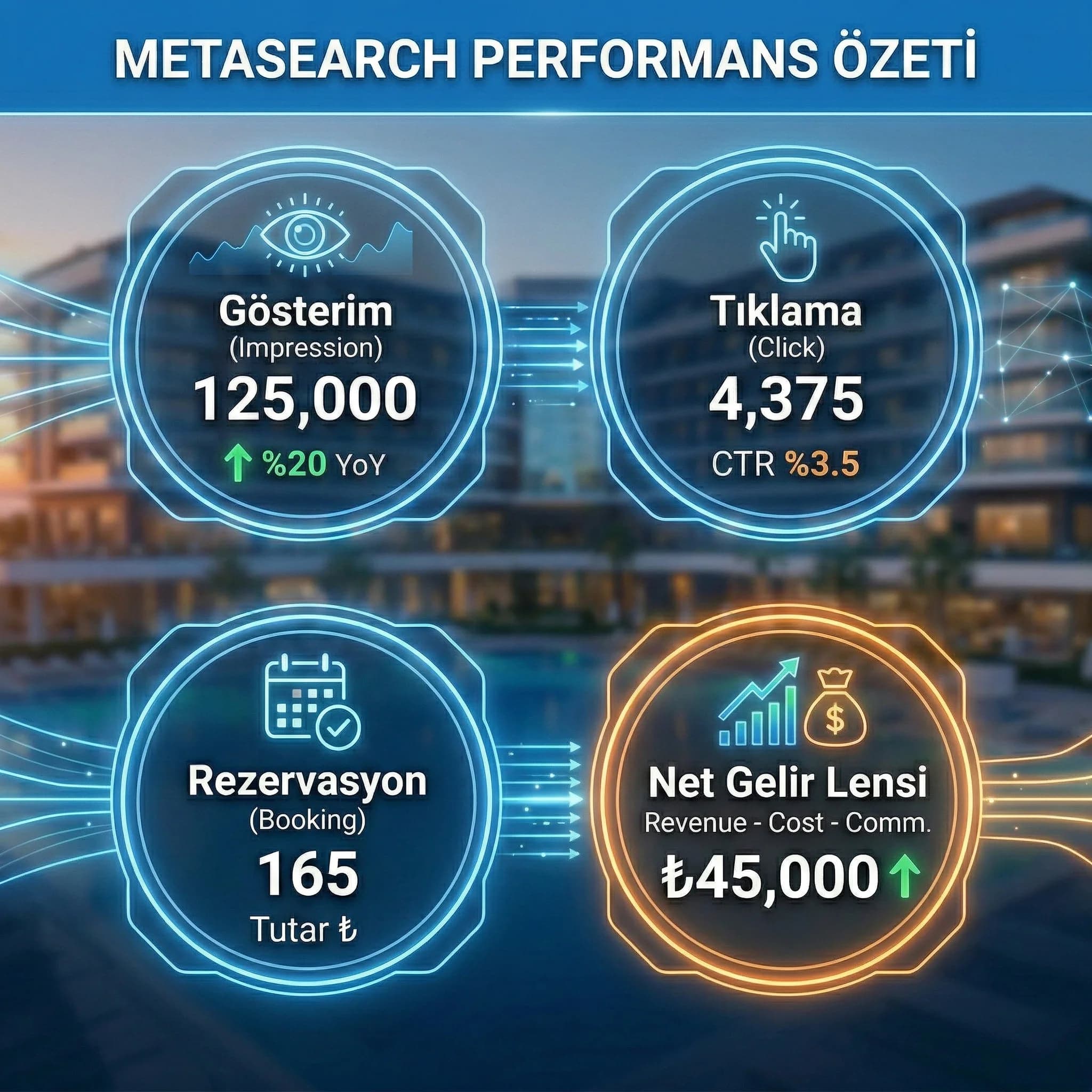 Metasearch KPI ve net gelir kontrol listesini özetleyen kart