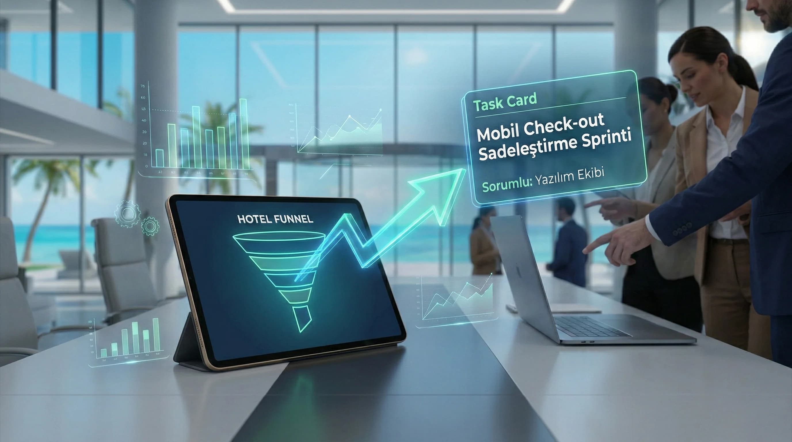 KPI problem aksiyon tekrar ölçüm döngüsünü gösteren otel görseli