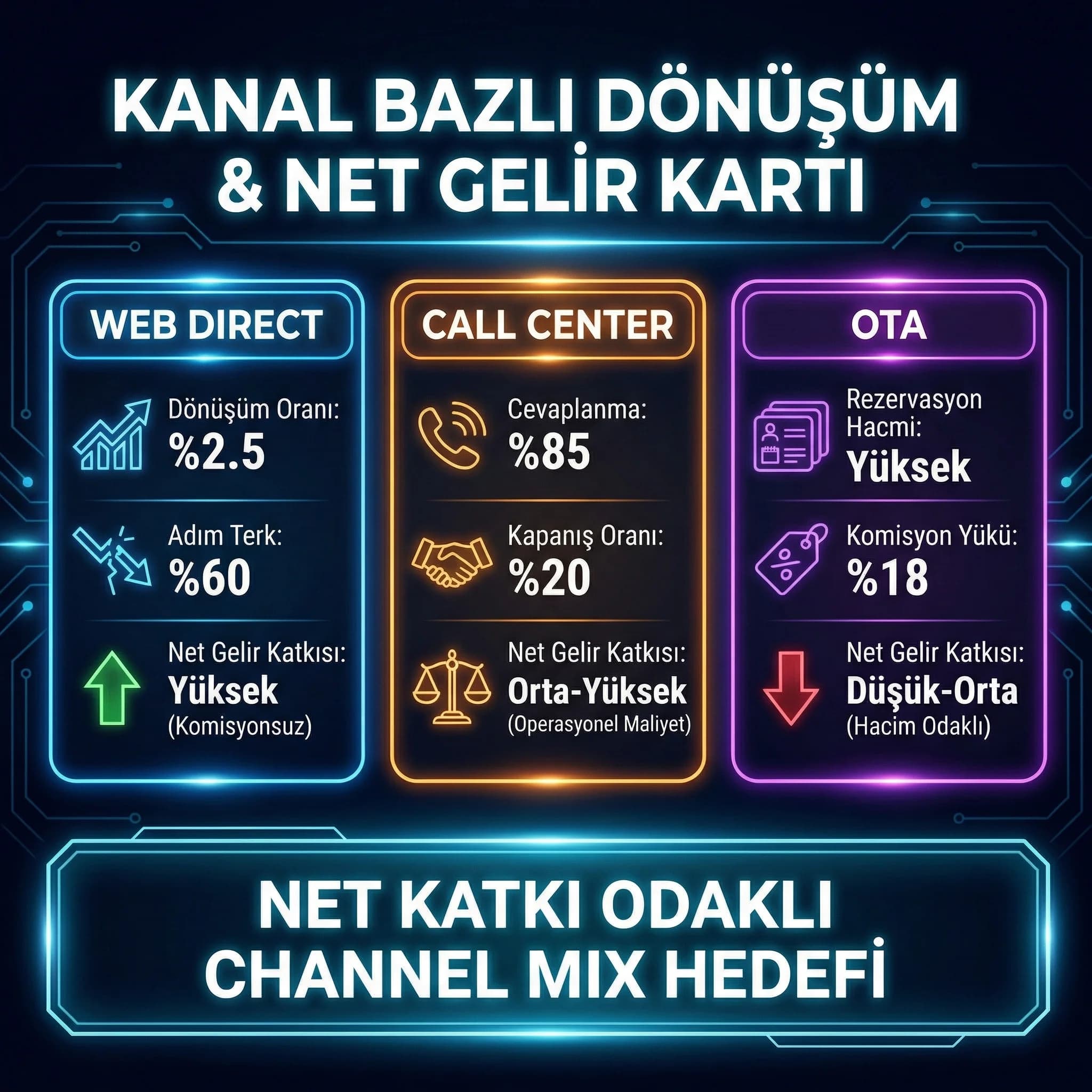 Kanal bazlı dönüşüm oranı komisyon ve net gelir KPI kartlarını özetleyen görsel