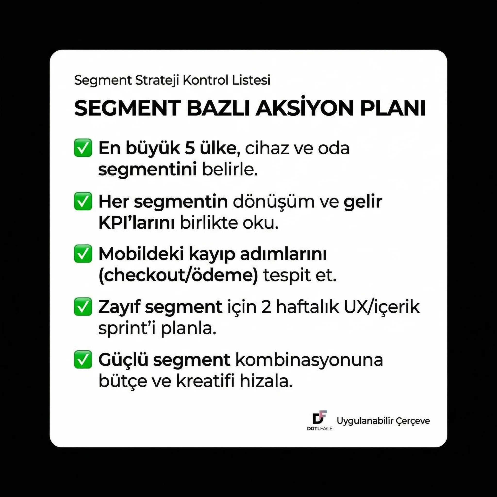 GA4 event sözlüğü ve veri kalitesi kontrolünü özetleyen checklist kartı