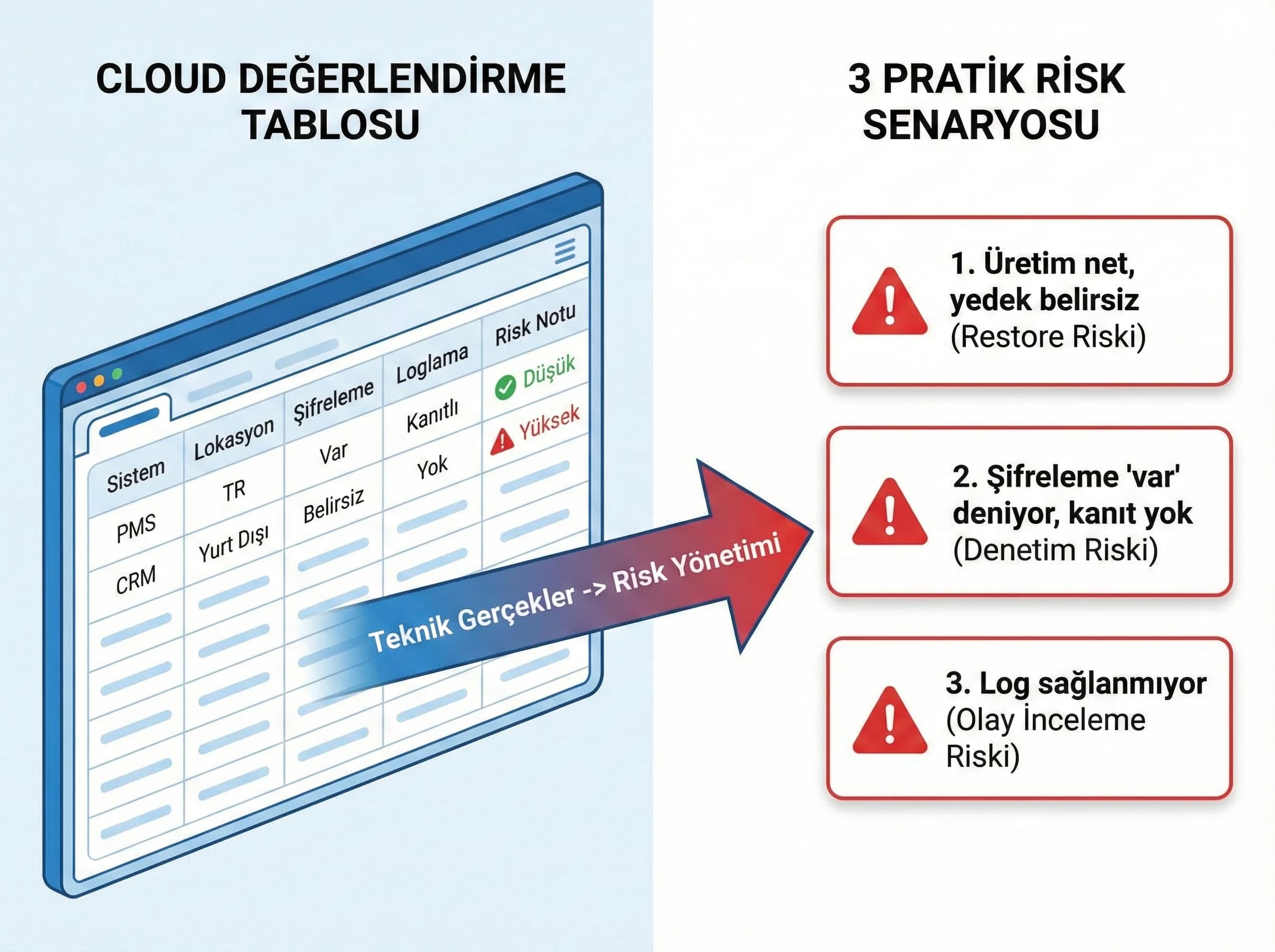 Cloud değerlendirme tablosu ve risk senaryoları, yönetim ve IT için ortak dil sağlar