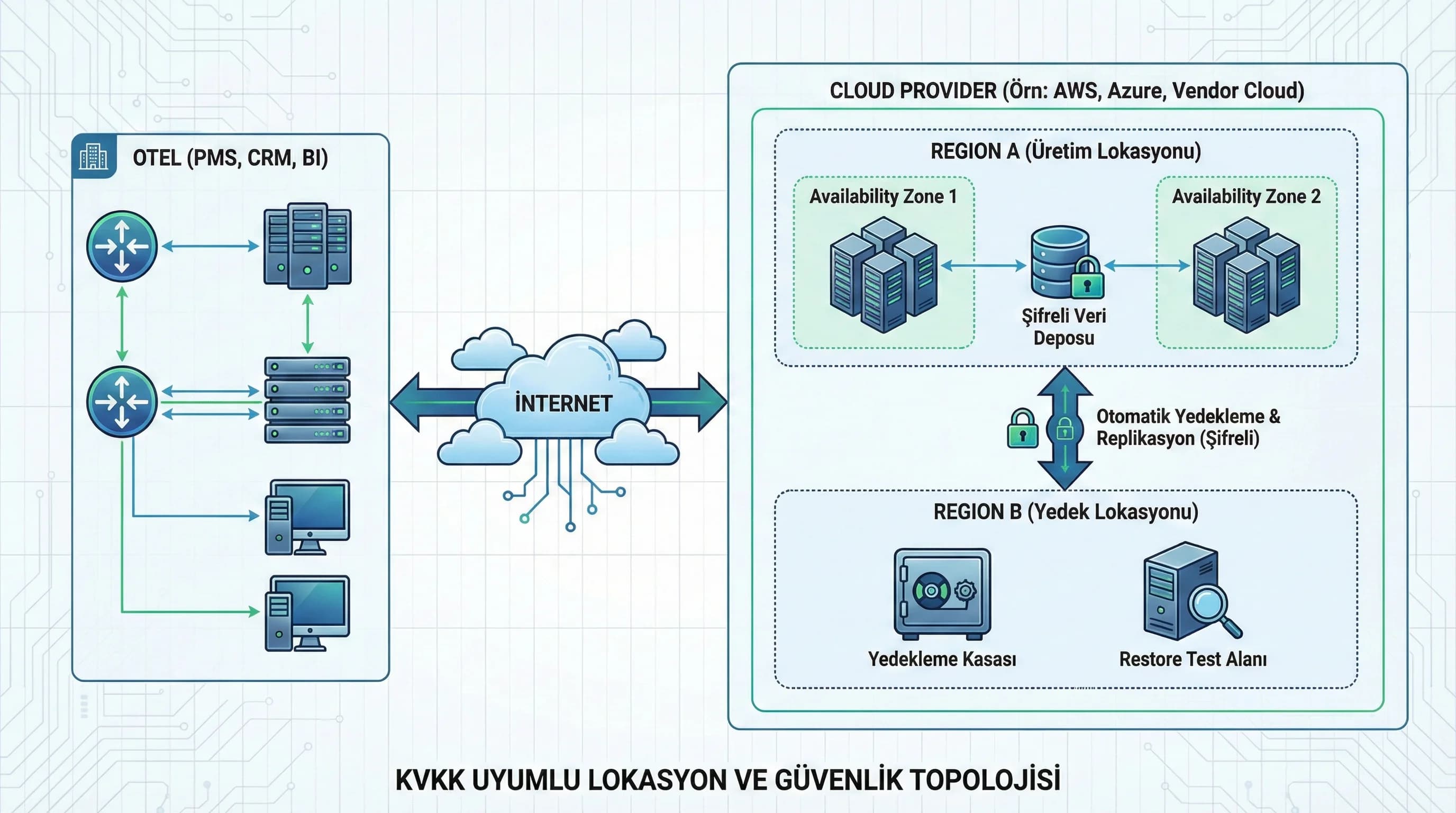 Otel sistemleri → cloud provider → data center ve backup location akışı, KVKK raporlamasıyla uyumlu