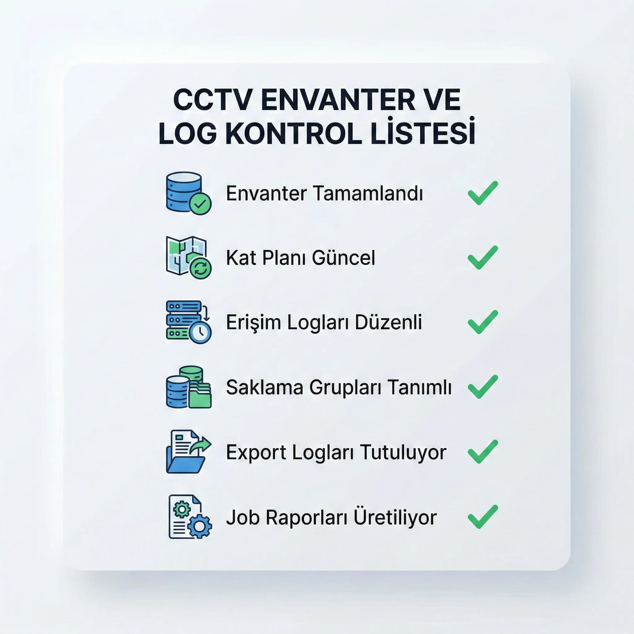 CCTV envanter ve erişim logu checklist’i, kim-ne zaman-hangi görüntü kanıtını standardize eder