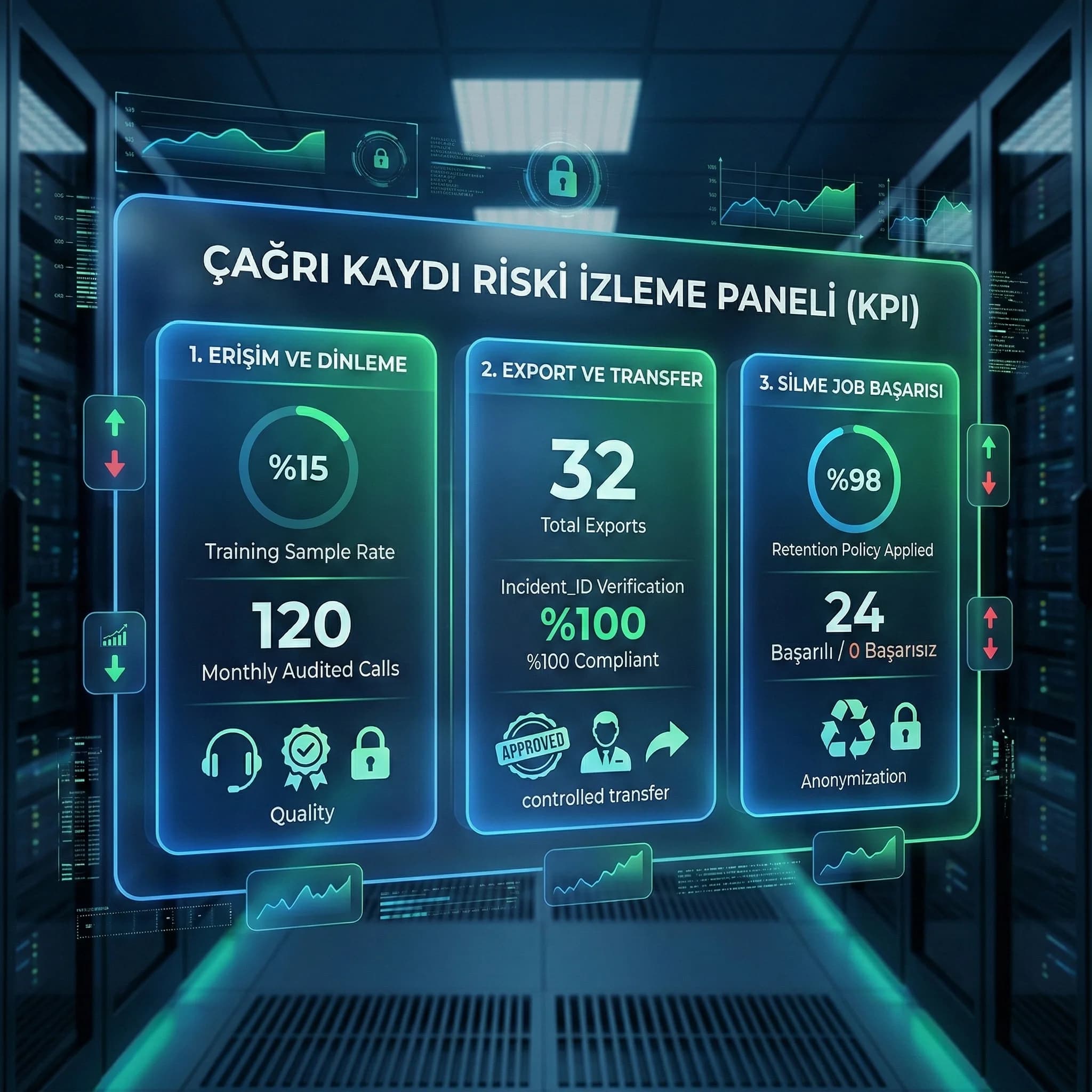 Erişim, export ve silme job KPI’ları, çağrı kayıt riskini dashboard’da izler