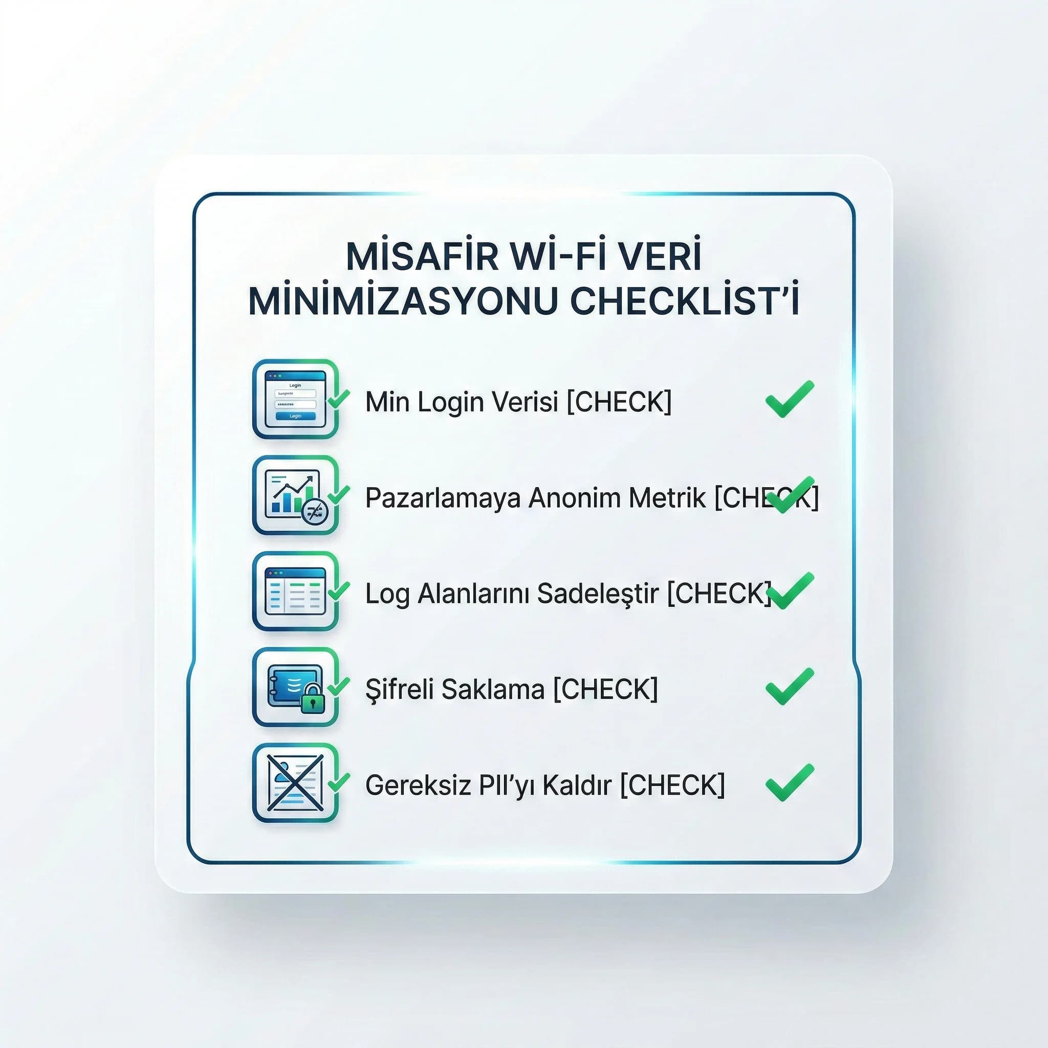 Wi-Fi log alanları ve saklama checklist’i, minimum veri yaklaşımını standardize eder