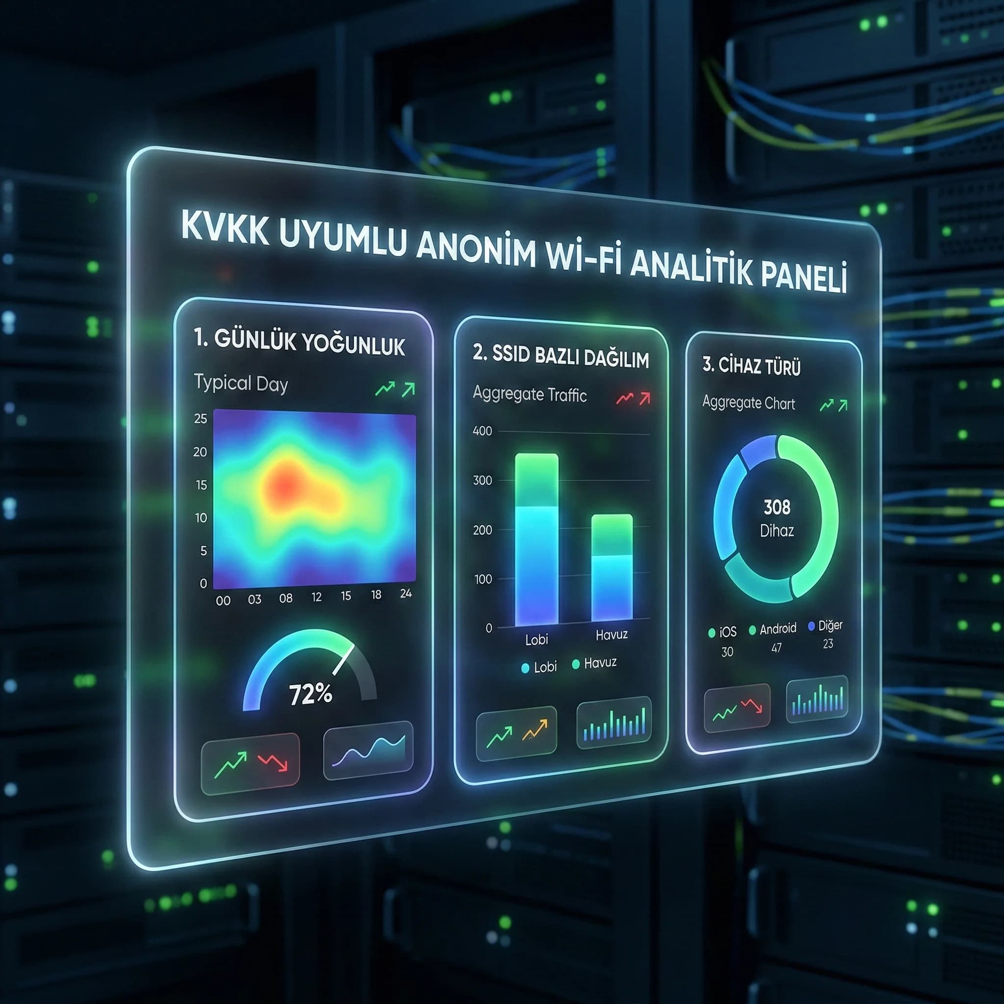 Anonim Wi-Fi KPI kartı, pazarlama ve operasyon için güvenli özet sunar
