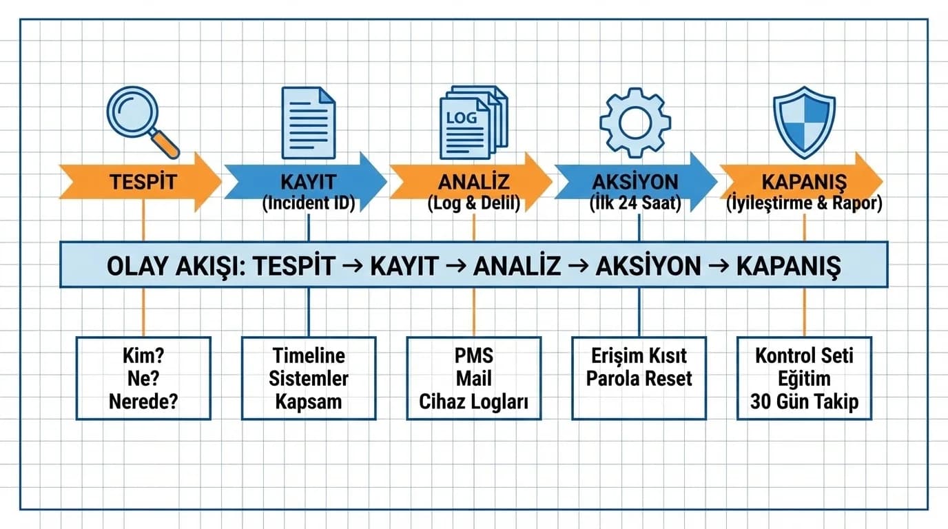 Olay akışı: tespit → kayıt → analiz → aksiyon → kapanış, otel operasyonuna uyarlanmış