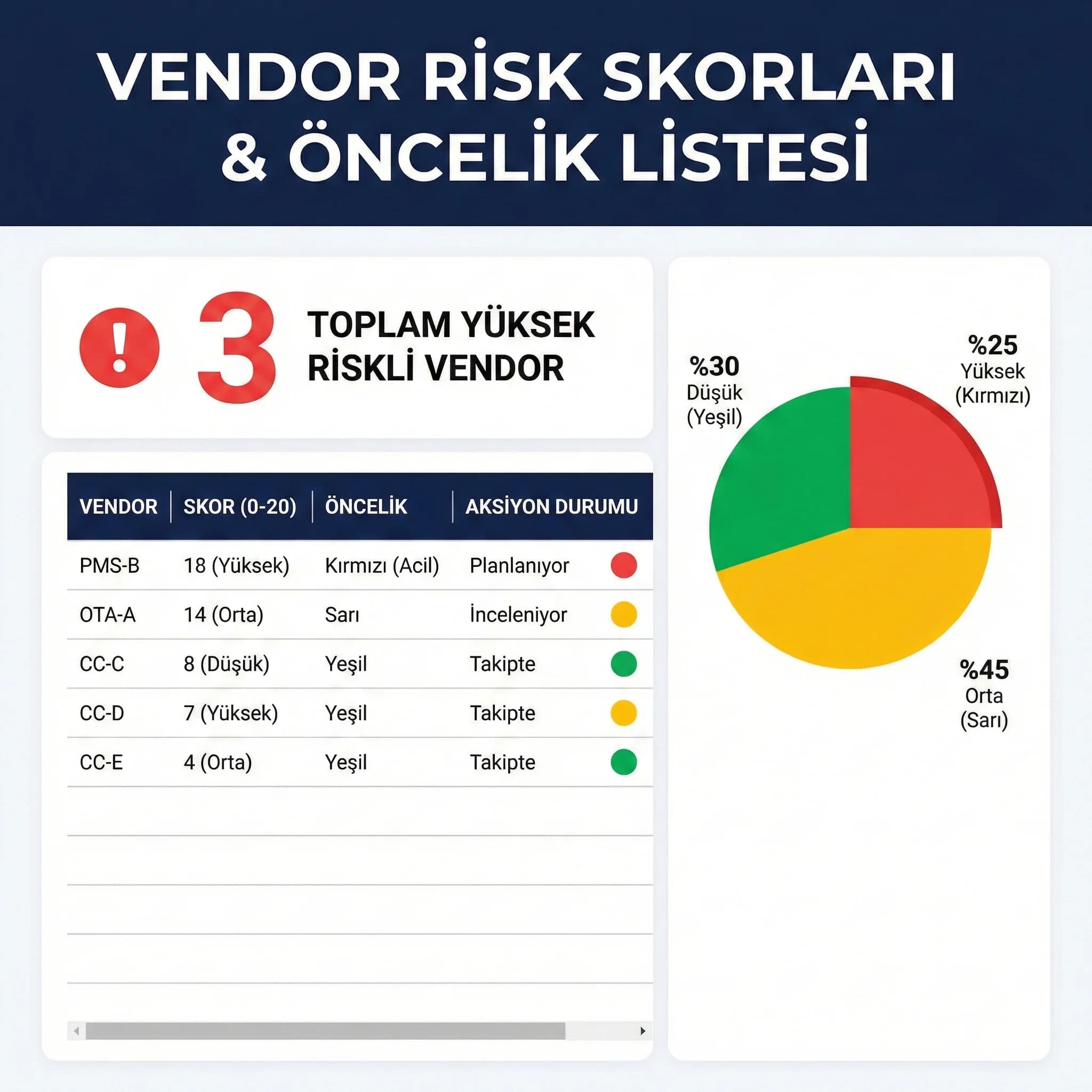 Vendor risk skorları ve öncelik listesi, aksiyon sırasını netleştirir