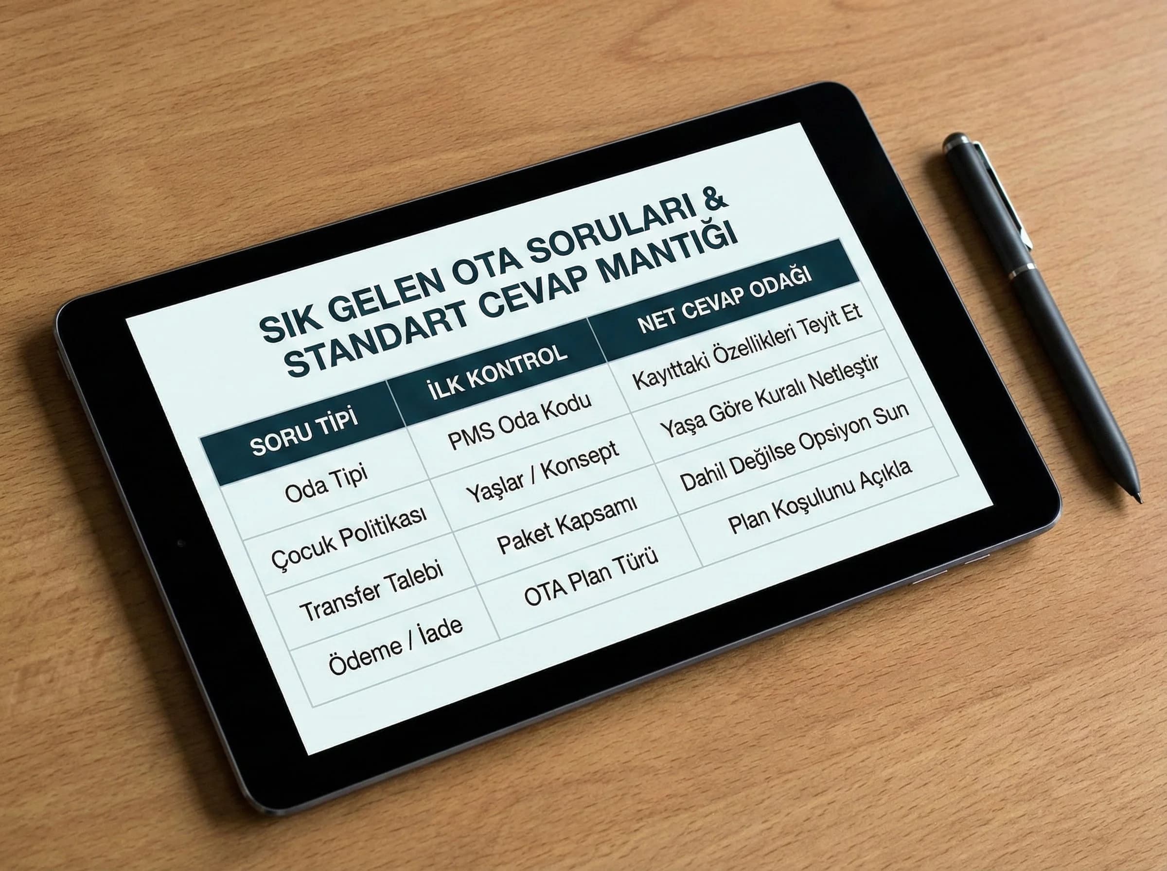 Sık soru tipleri tablosu + standardizasyon + otel operasyon bağlamı