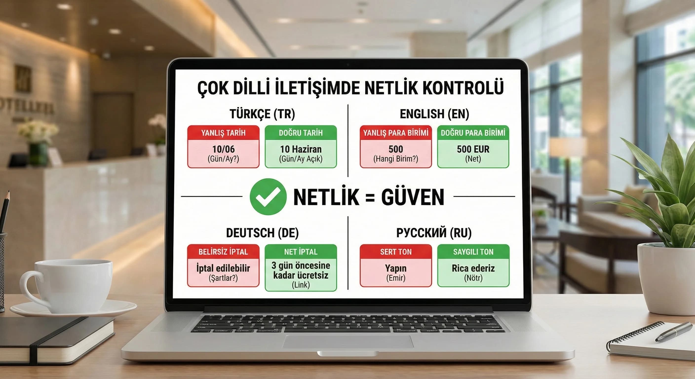 Tarih para birimi iptal netliğiyle çok dilli yazılı iletişimi gösteren otel görseli