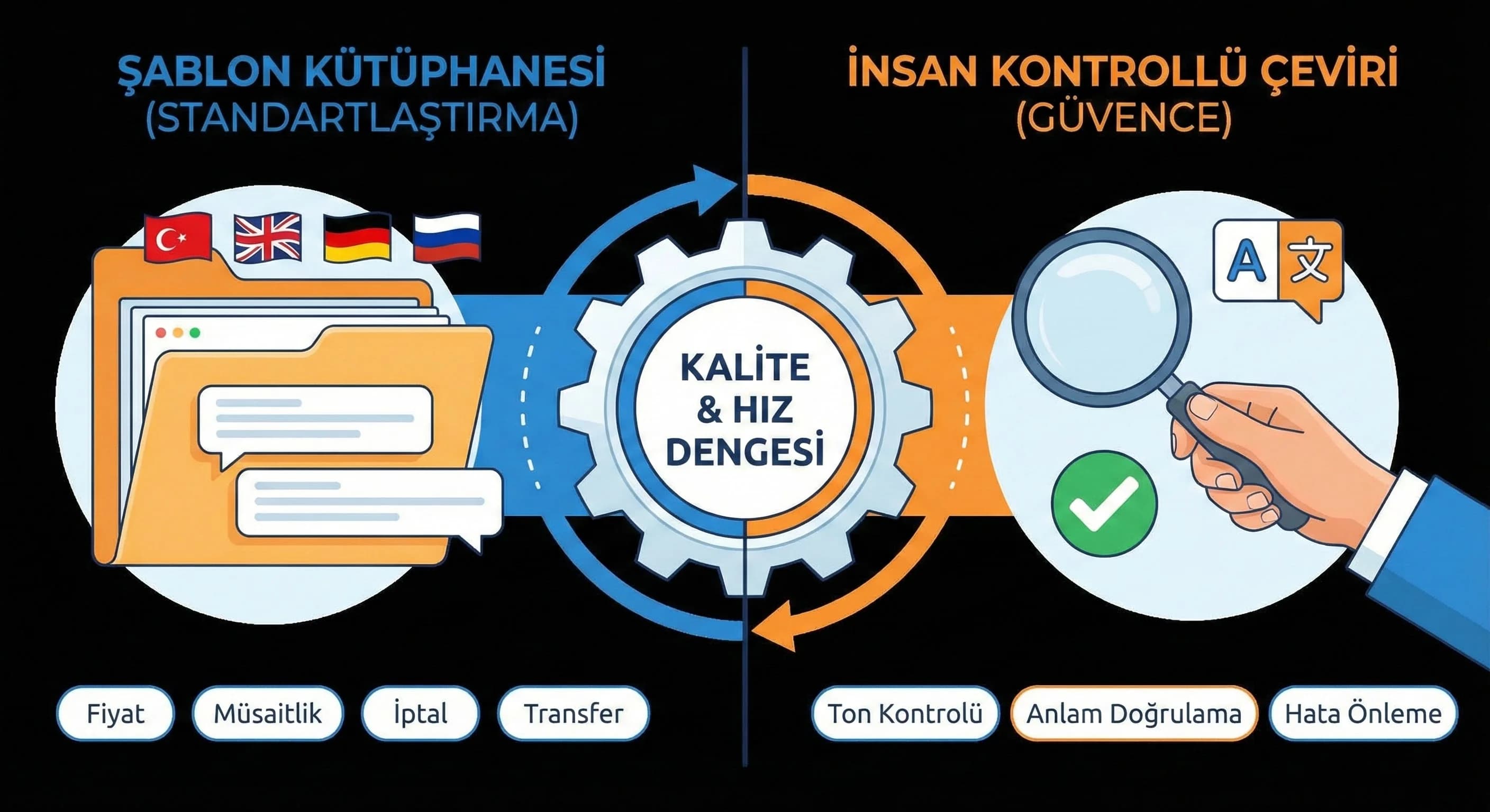 Çok dilli şablon kütüphanesi ve çeviri sürecini ayıran otel bölüm görseli