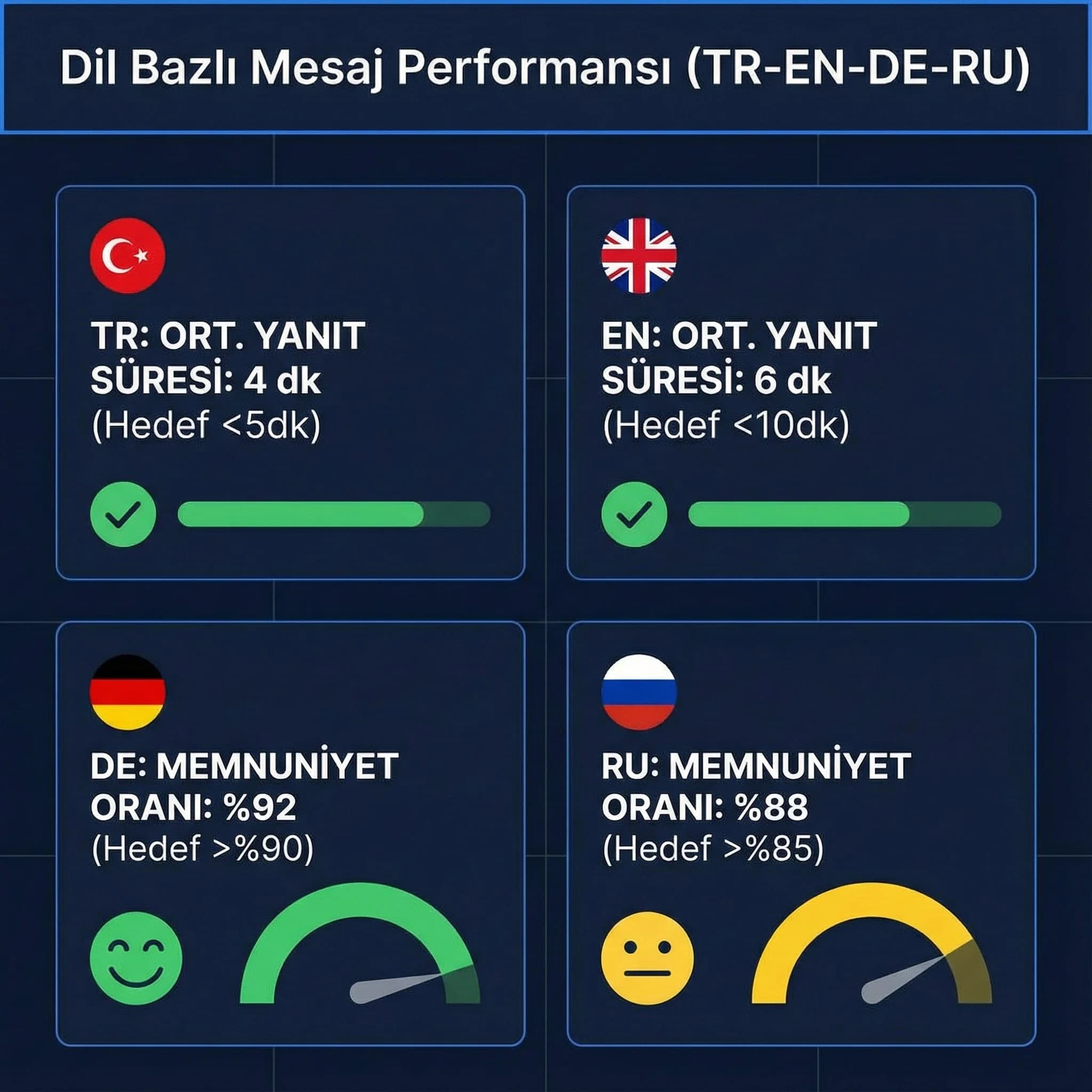TR EN DE RU dil bazlı cevap süresi ve memnuniyet KPI’larını gösteren otel kartı