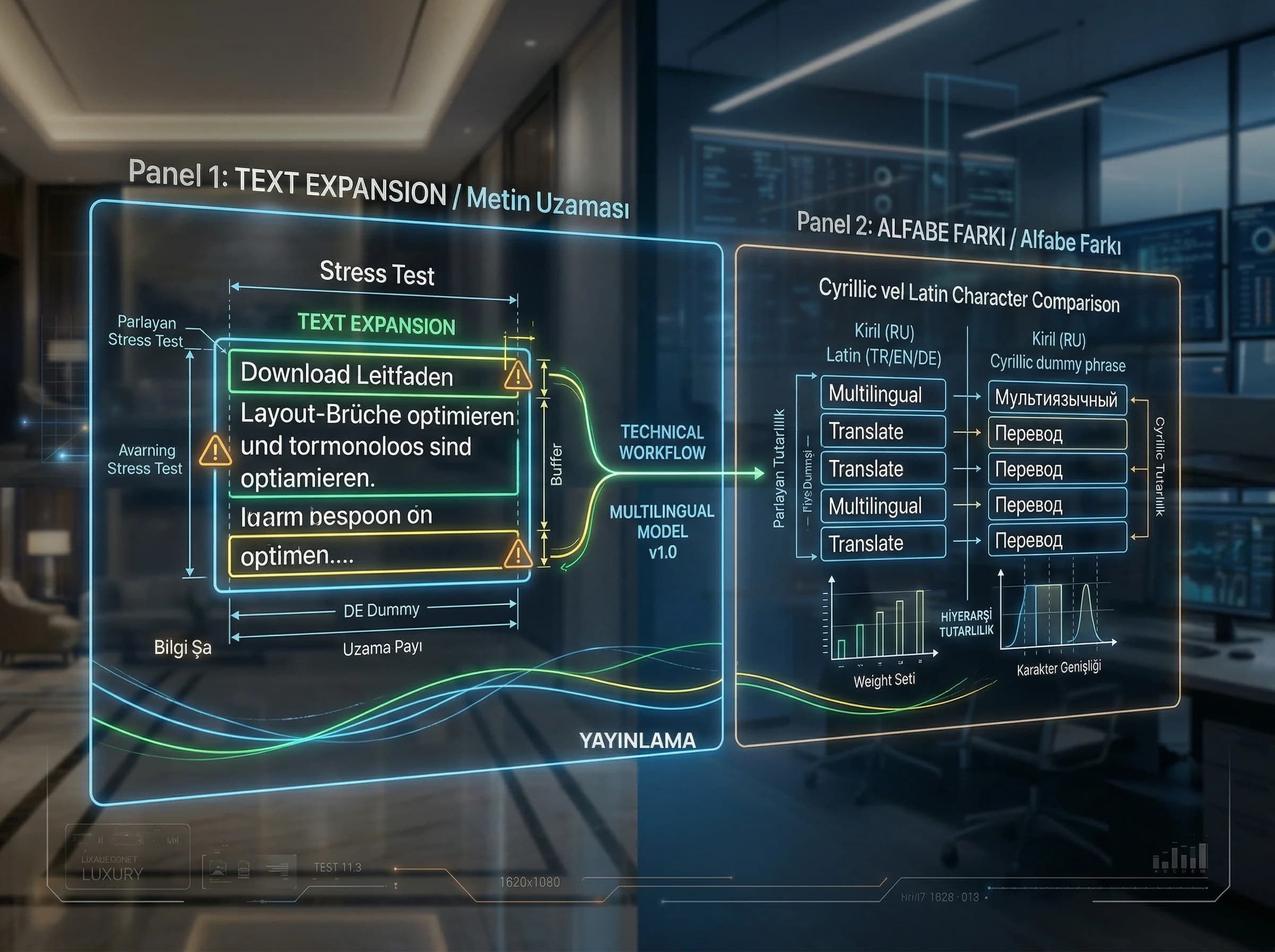 Çok dilli tasarım zorlukları ayırıcı, text expansion ve alfabe farkı