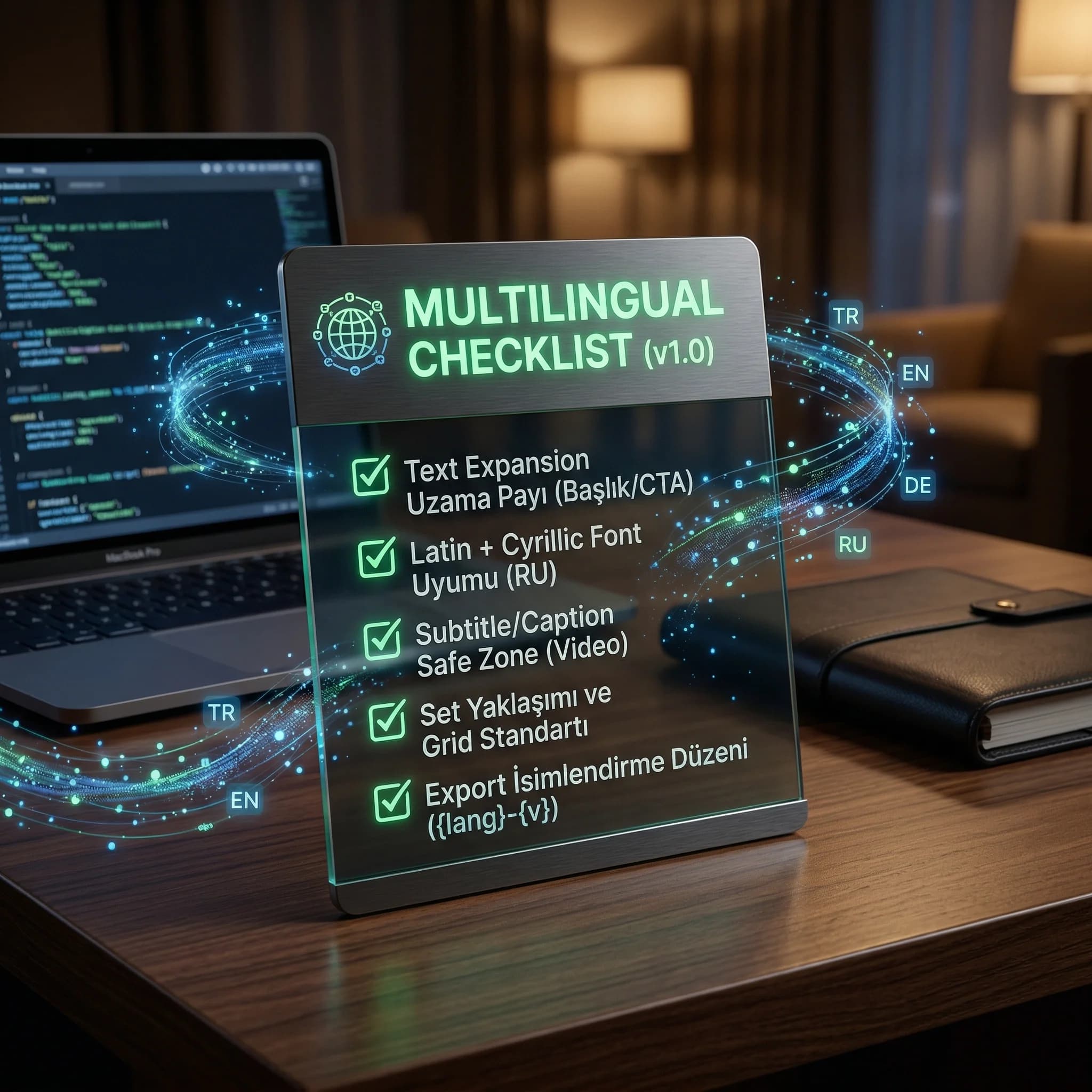 Multilingual checklist kartı, font metin alanı subtitle ve export kontrolü