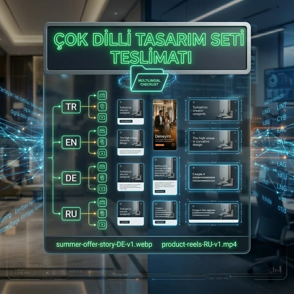 Çok dilli şablon teslim kartı, TR EN DE RU set ve isimlendirme düzeni