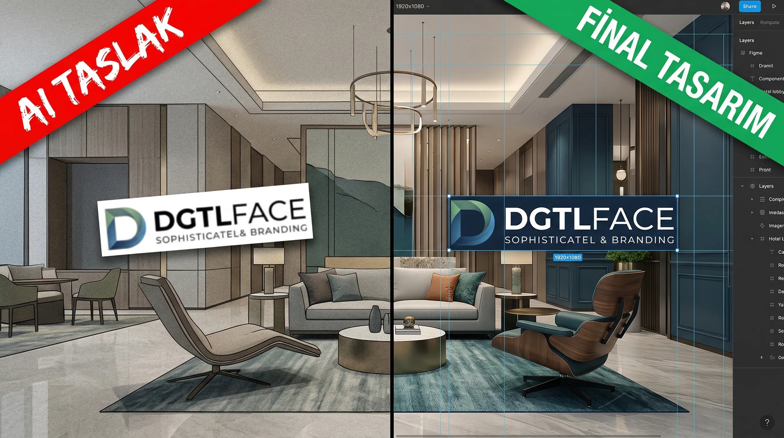 AI taslağı ve final tasarım karşılaştırması, otel ve B2B kalite farkı