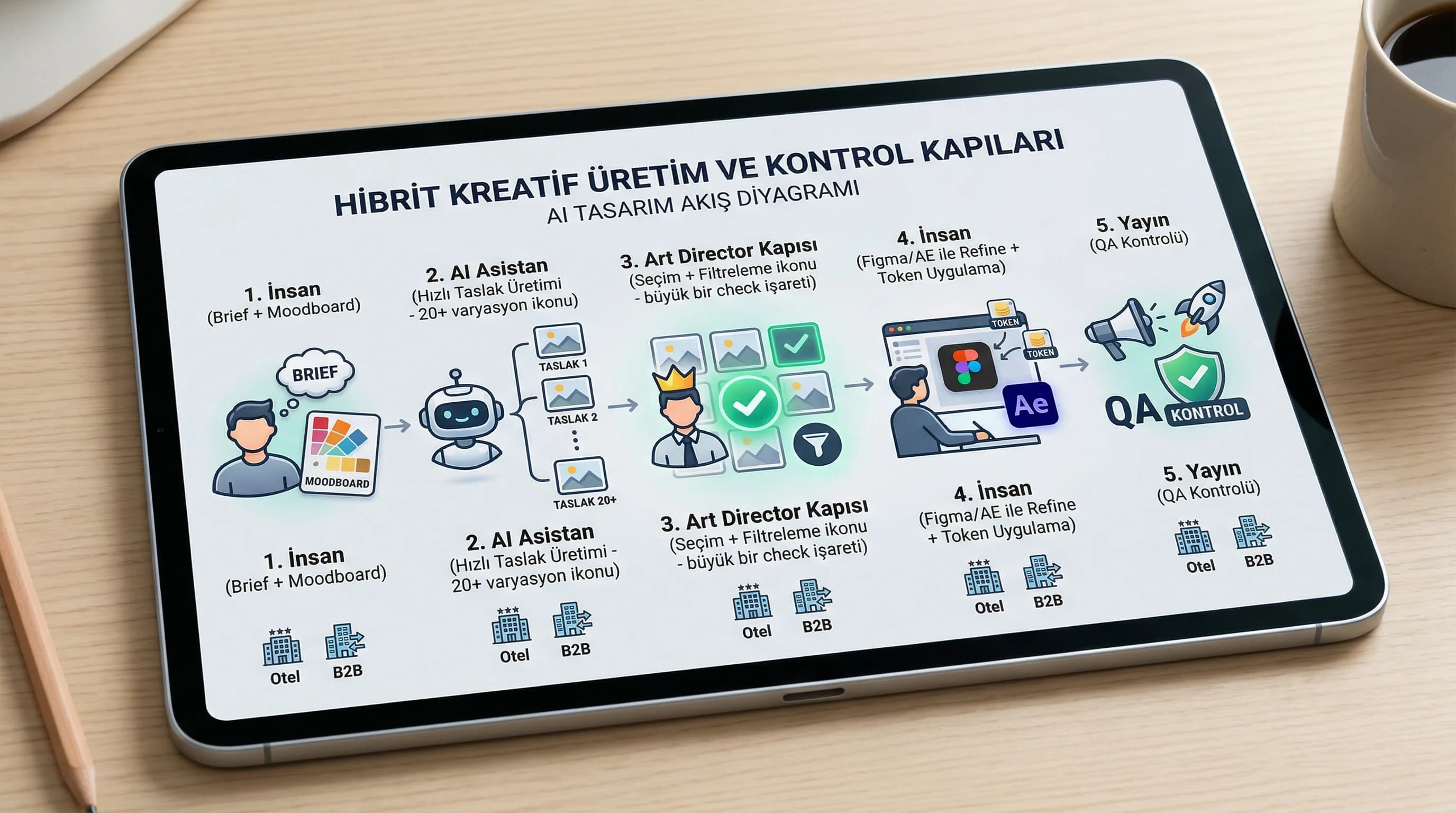 AI tasarım akış diyagramı, hibrit kreatif üretim ve kontrol kapıları