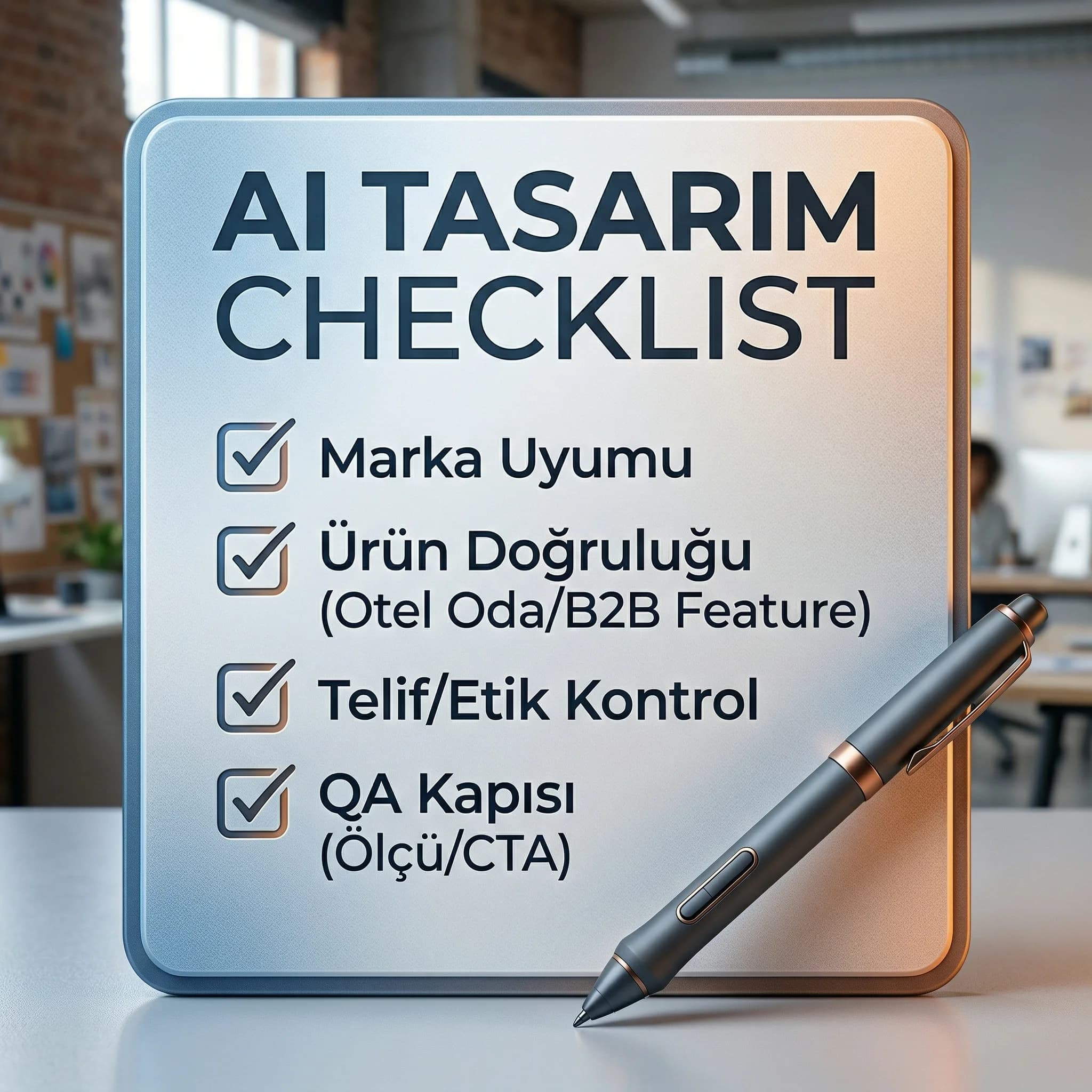 AI tasarım checklist kartı, prompt marka filtresi ve QA kontrolü