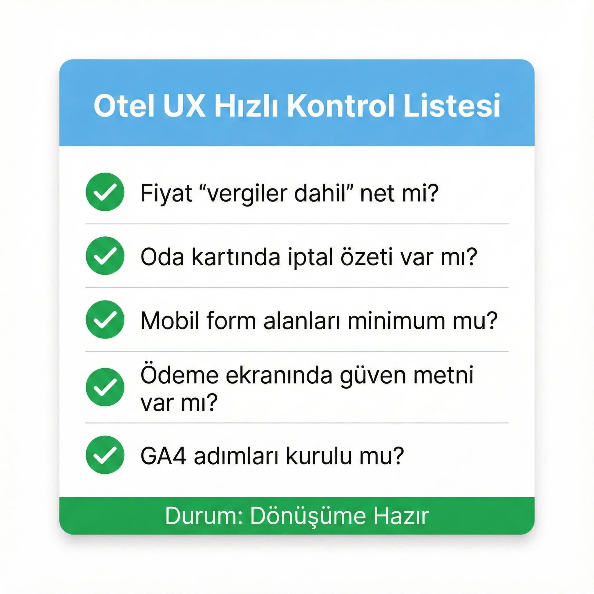 Otel rezervasyon UX’i için hızlı uygulanabilir kontrol listesi kartı