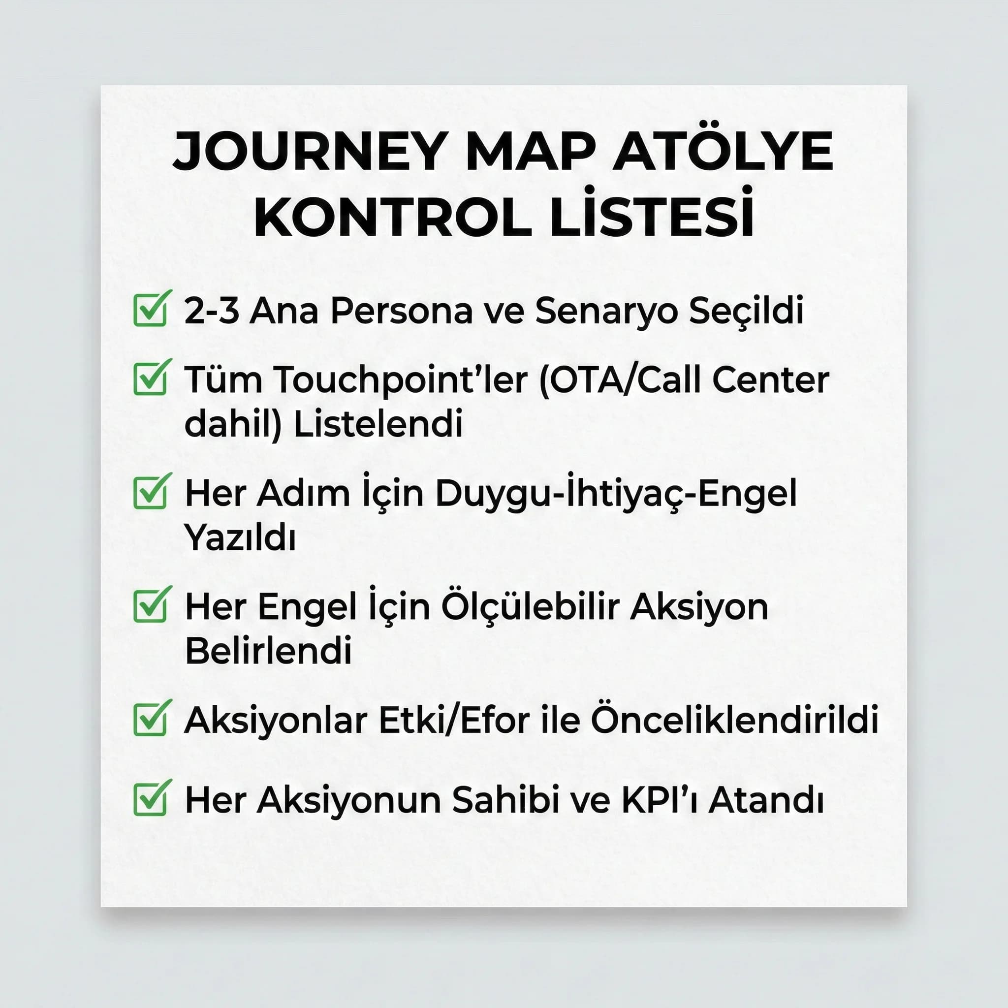 1 günde journey map workshop checklist kartı