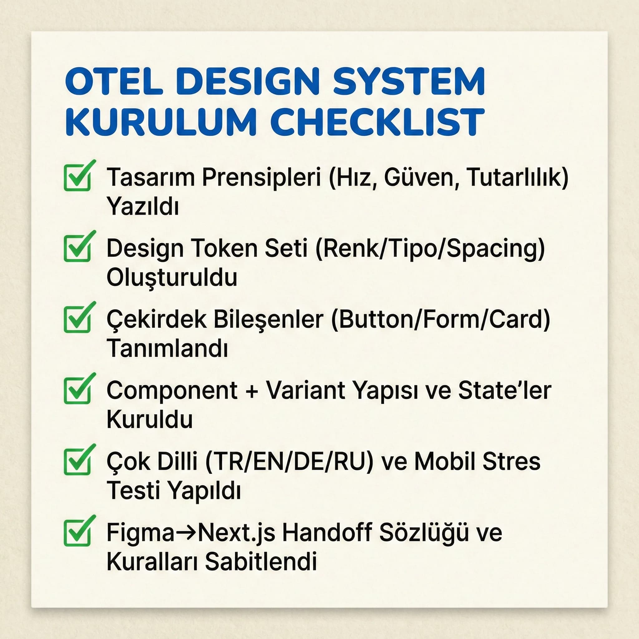 Otel design system kurulum checklist kartı
