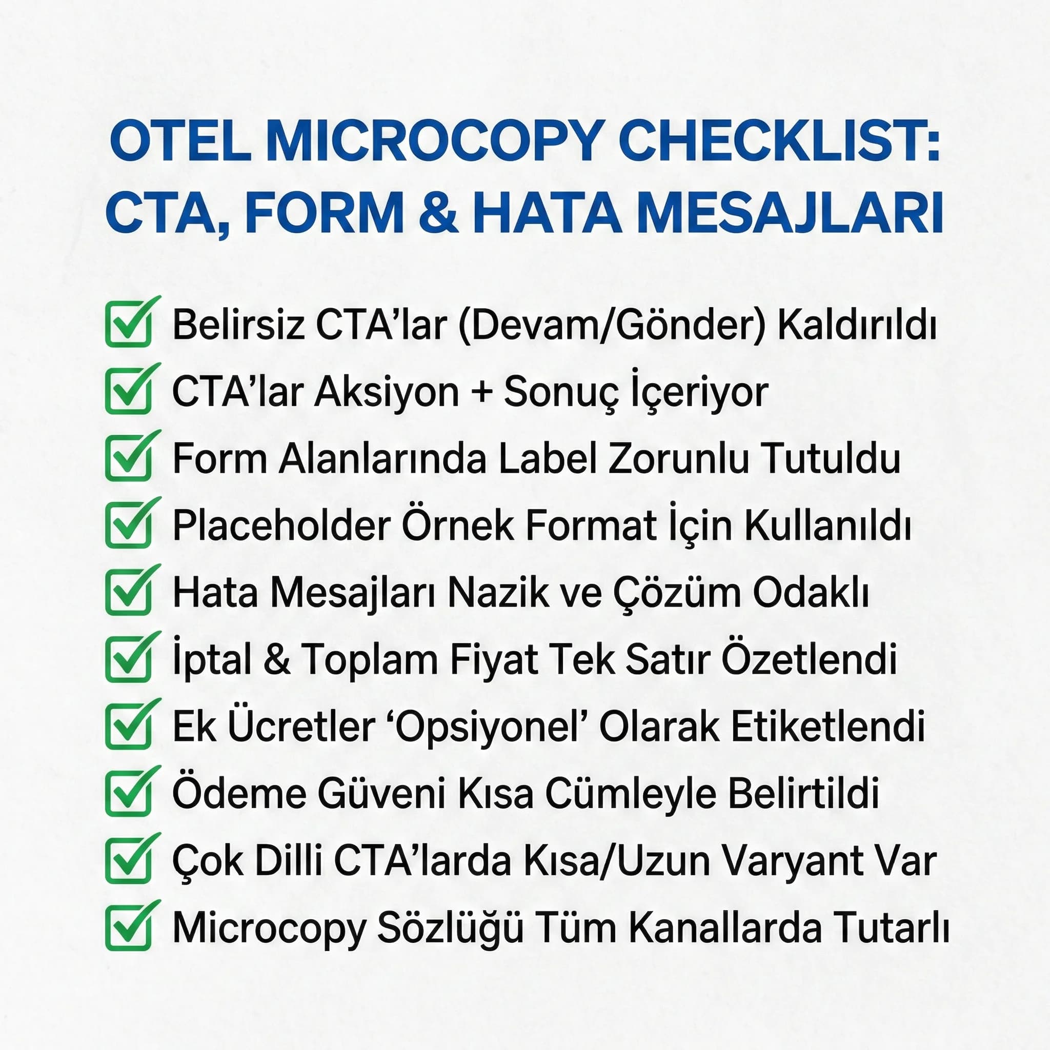 Otel microcopy checklist kartı: CTA, form ve hata mesajları