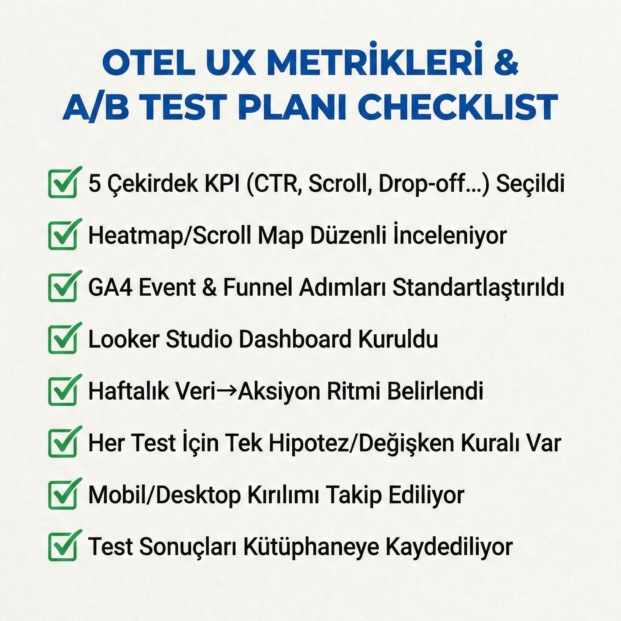 UX metrikleri ve A/B test planı checklist kartı