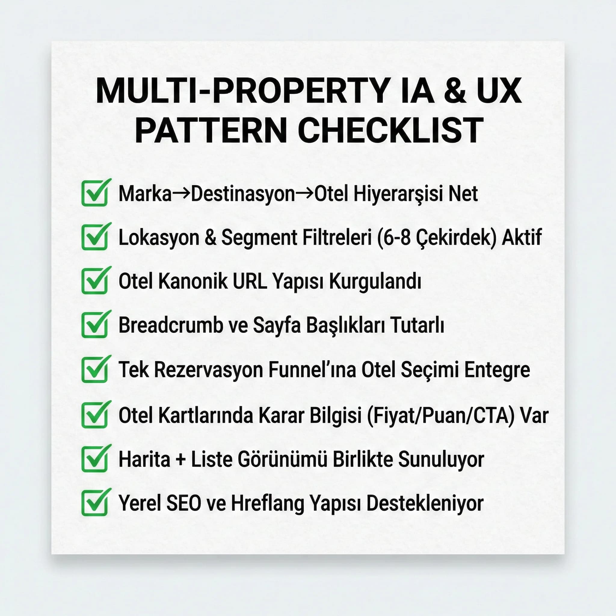 Multi-property IA & UX pattern checklist kartı