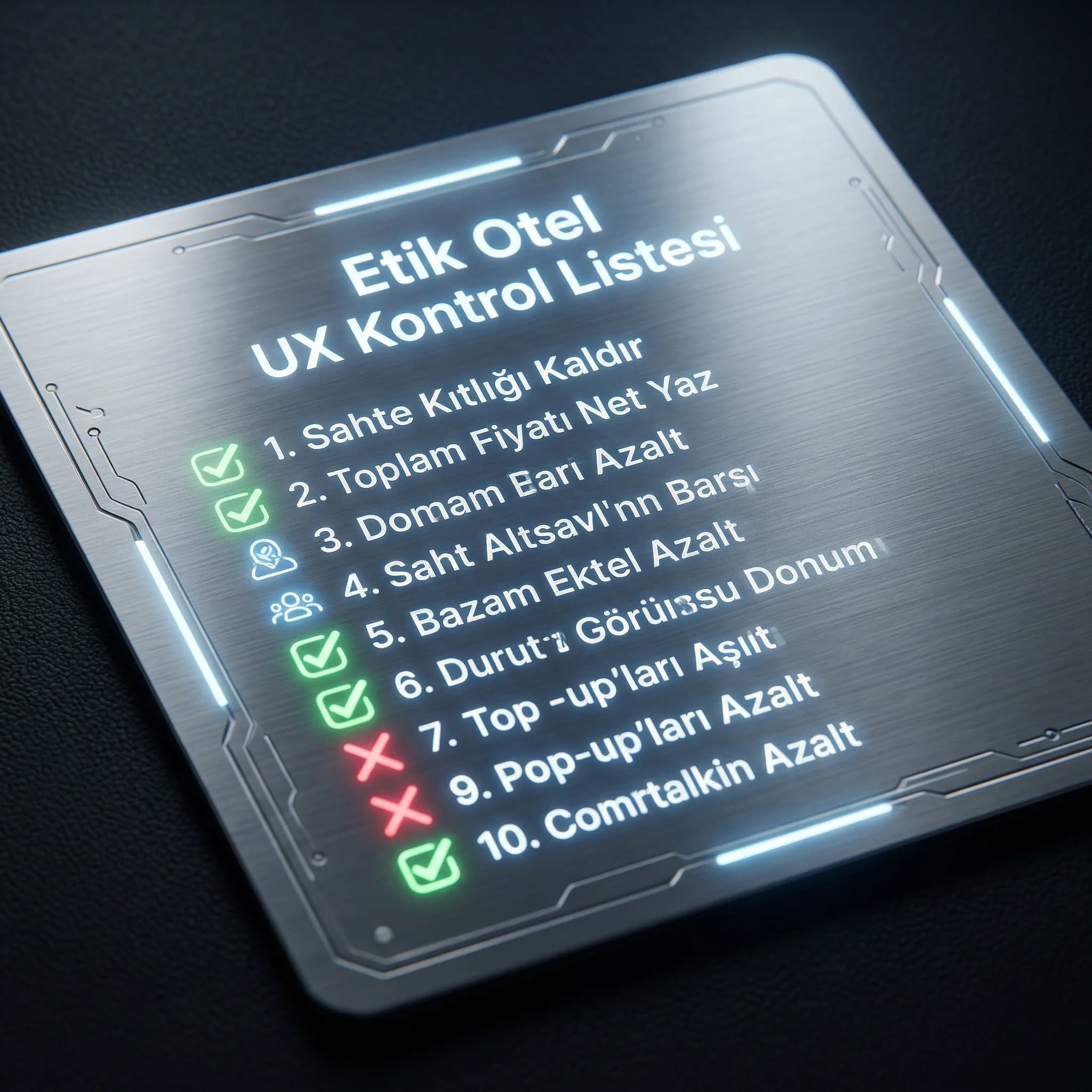 Etik otel UX checklist kartı: yapma/yap