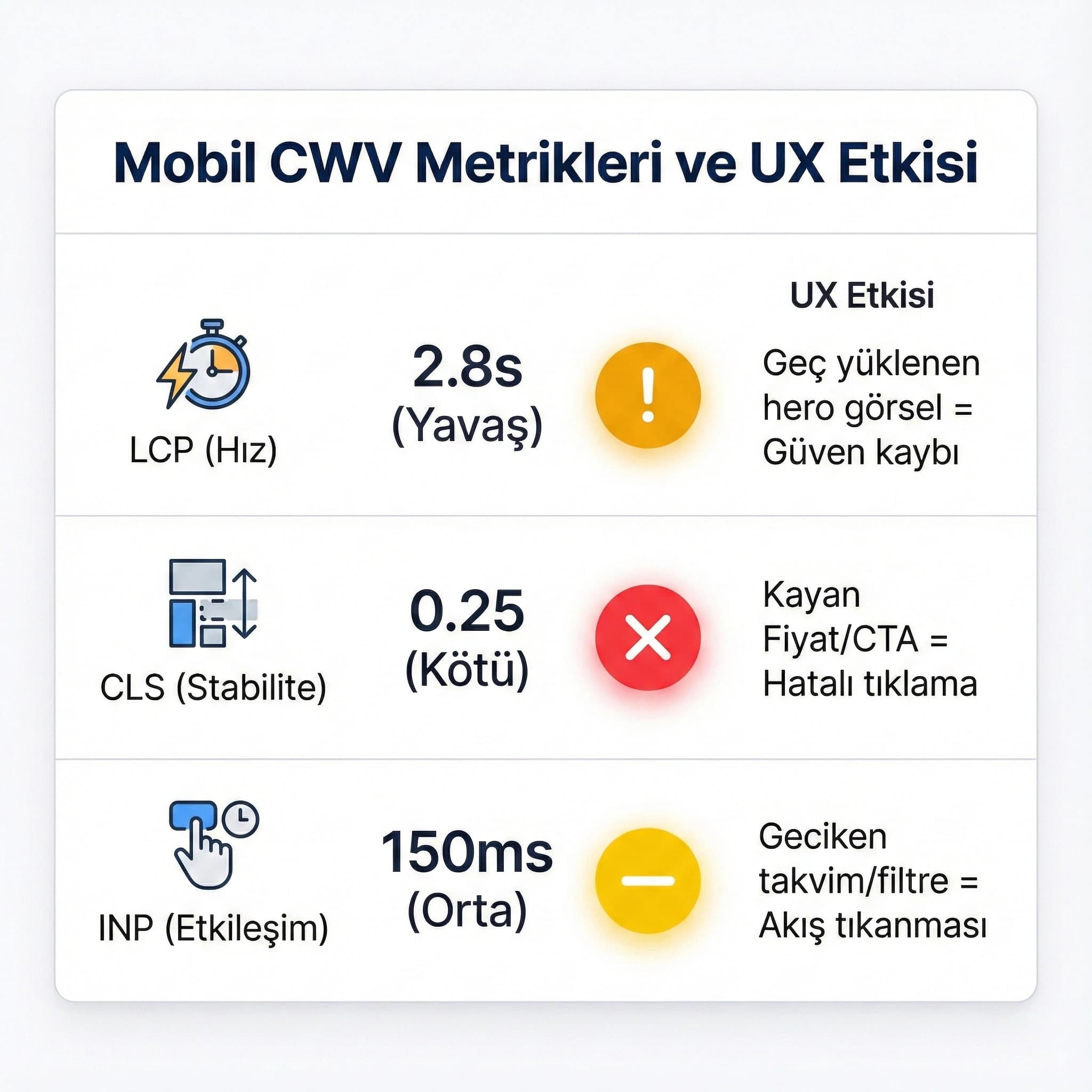 Mobil Core Web Vitals metrikleri ve UX etkisini özetleyen skor kartı
