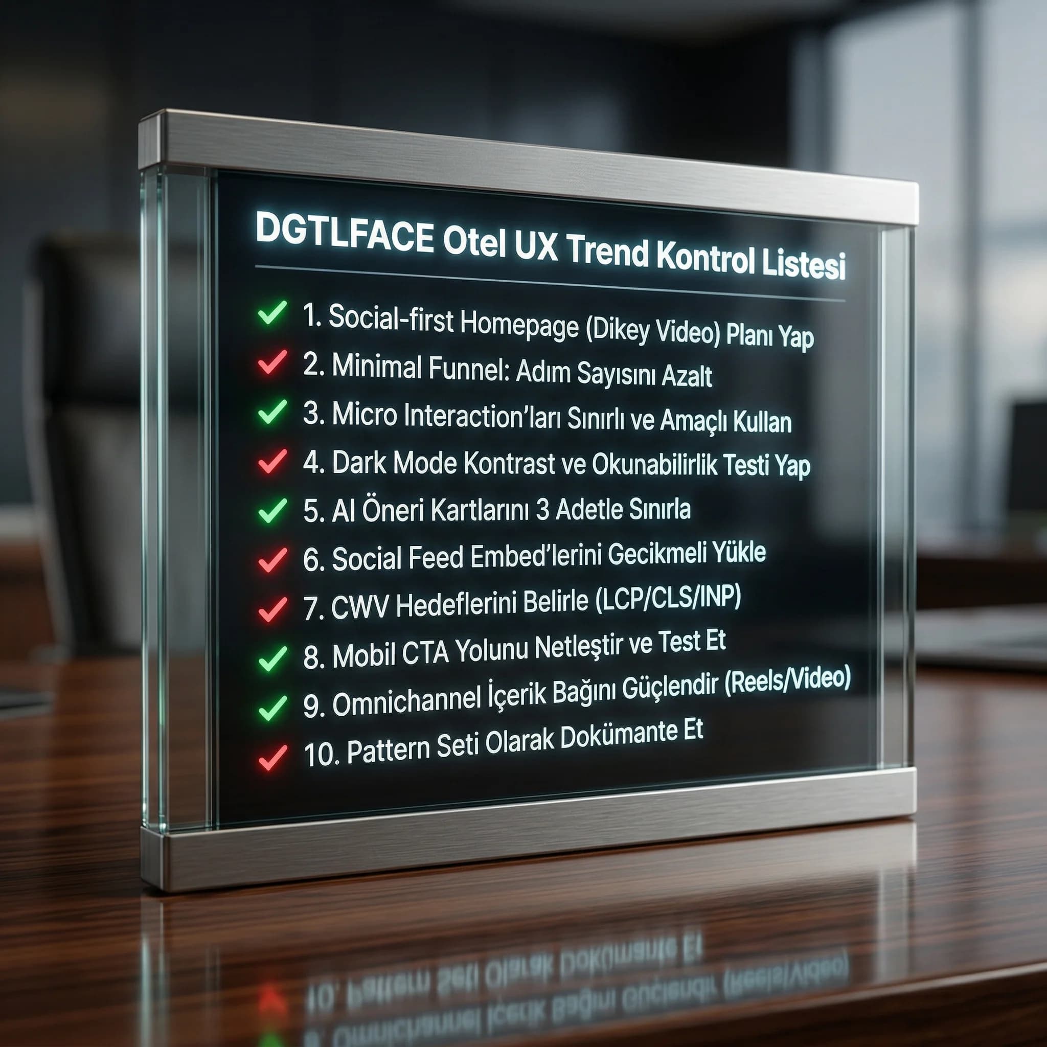 Otel UX trendleri uygulama checklist kartı otel bağlamı