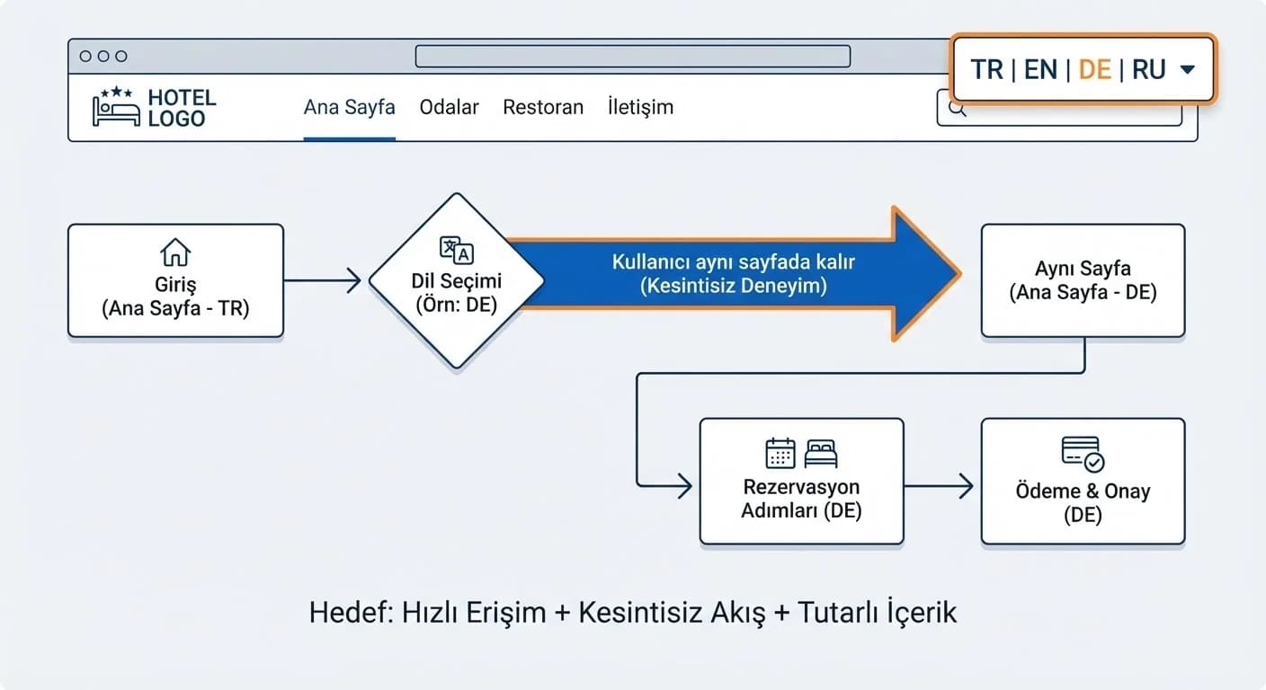 Dil switcher konumu ve TR EN DE RU akış şeması otel bağlamı