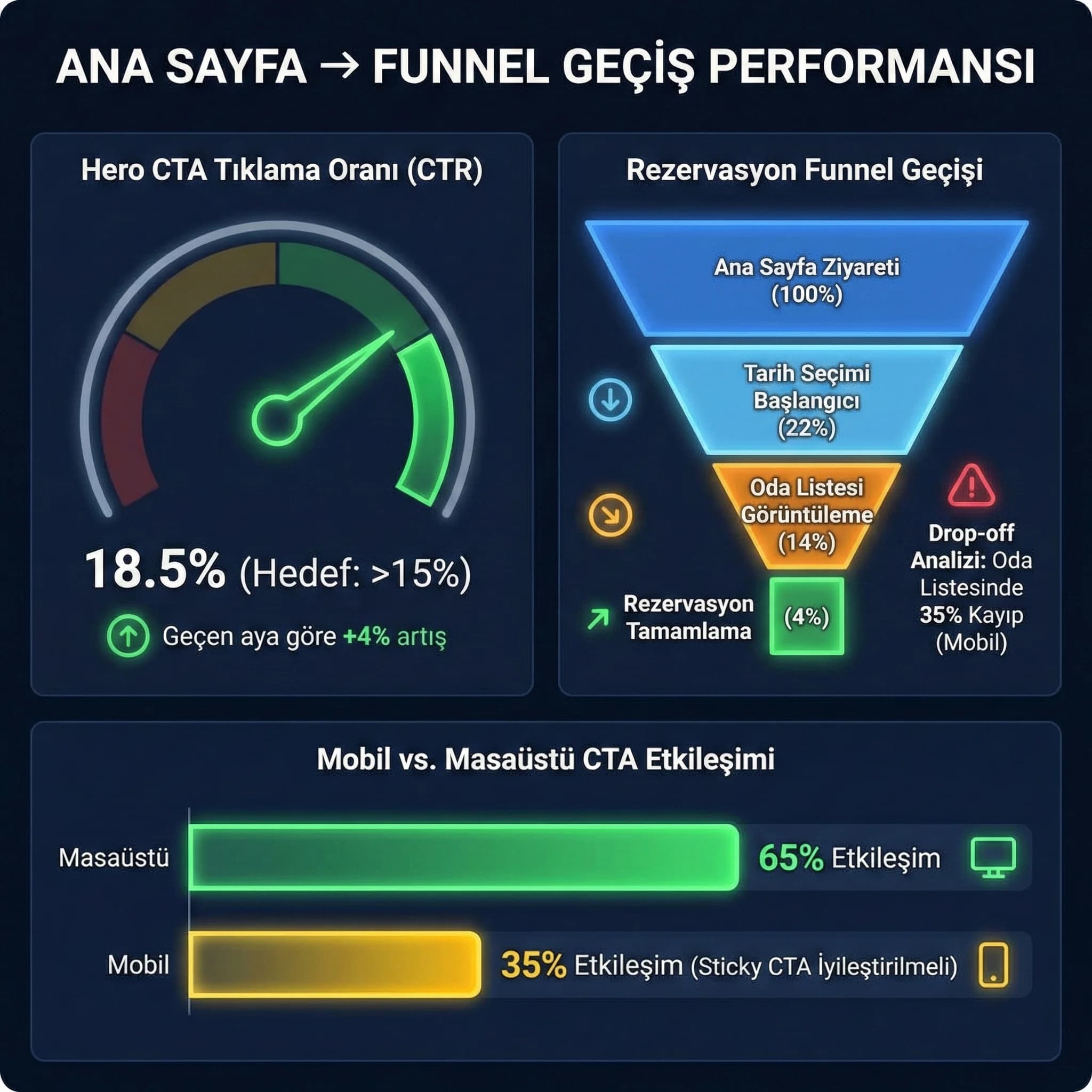Ana sayfa KPI ve funnel metrikleri skor kartı otel bağlamı