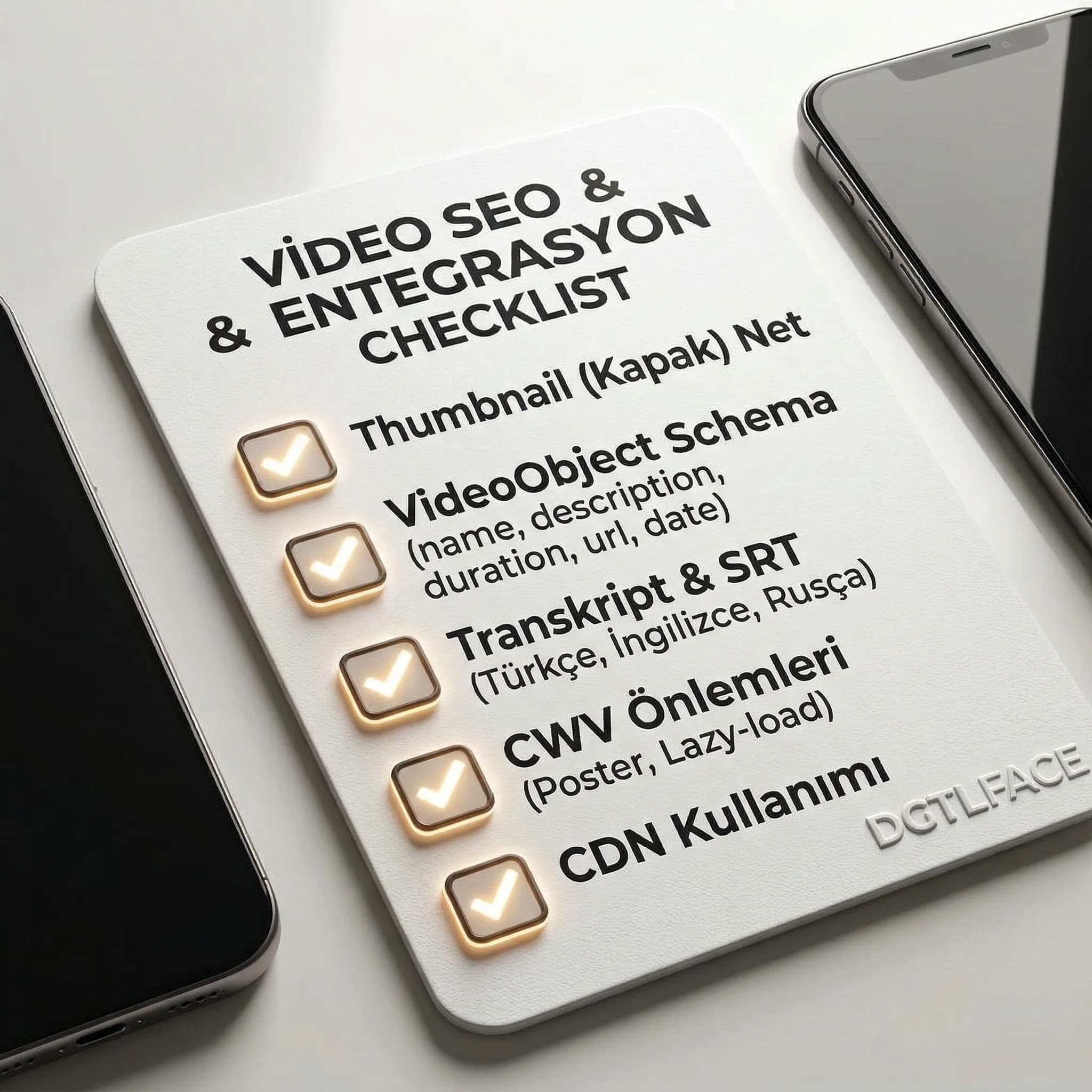 Wireframe üzerinde video yerleşimi, CTA ve schema akış diyagramı