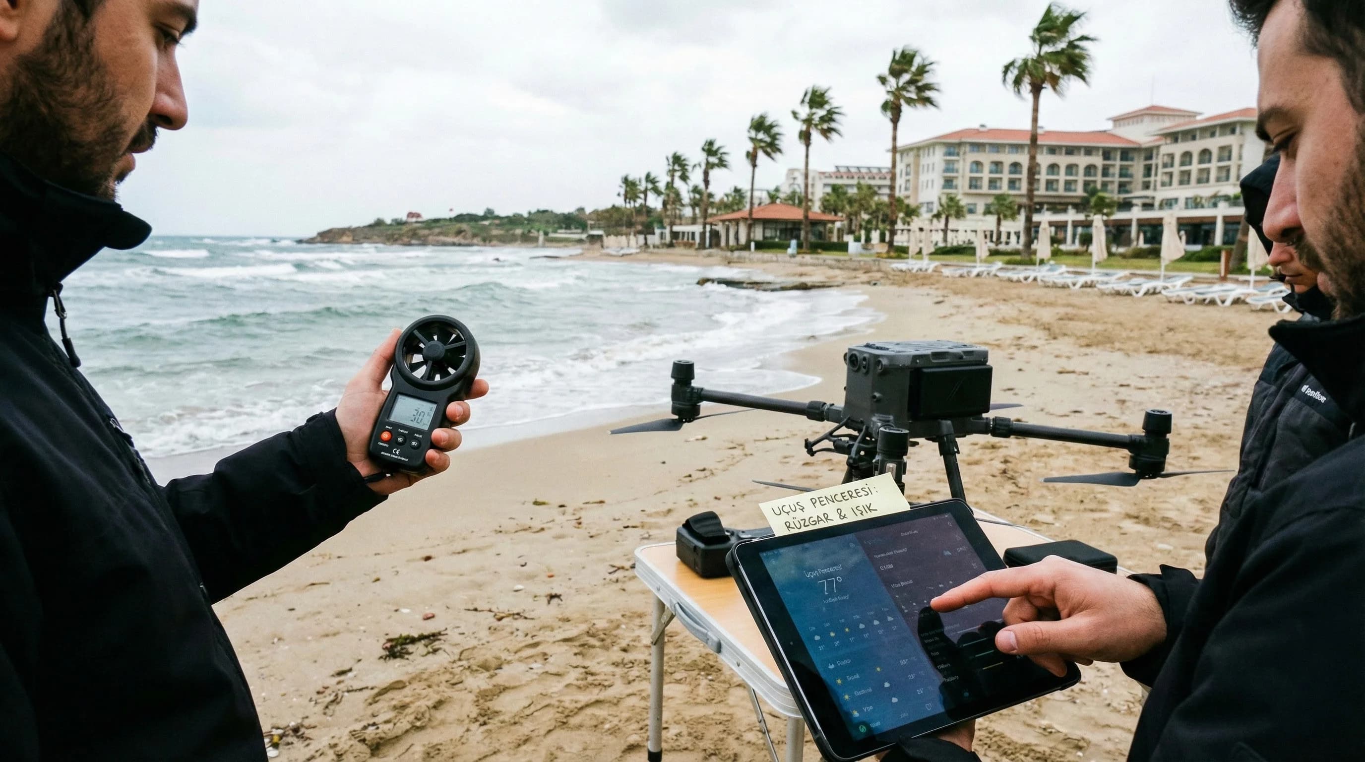 Resort drone çekimi planlama, rüzgâr ve ışık kontrolü sahnesi
